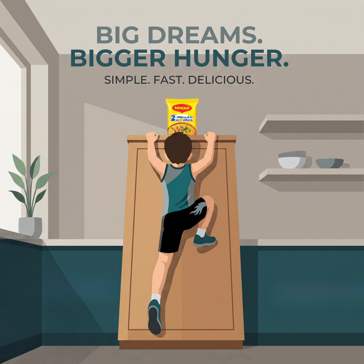 Illustration of a boy climbing a tall kitchen cabinet to reach a yellow Maggi 2-Minute Noodles pack, with bold headline