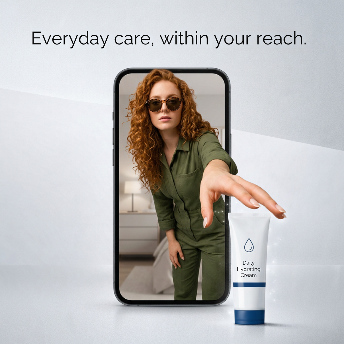 Woman reaching out of a phone screen toward a white and blue Daily Hydrating Cream tube on a light grey background