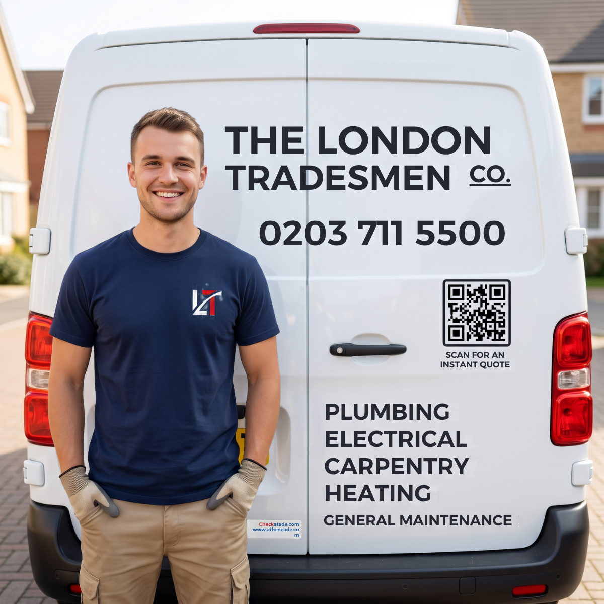 Smiling tradesman in navy T-shirt at the rear of a white London Tradesmen Co. van listing services, phone number and QR code