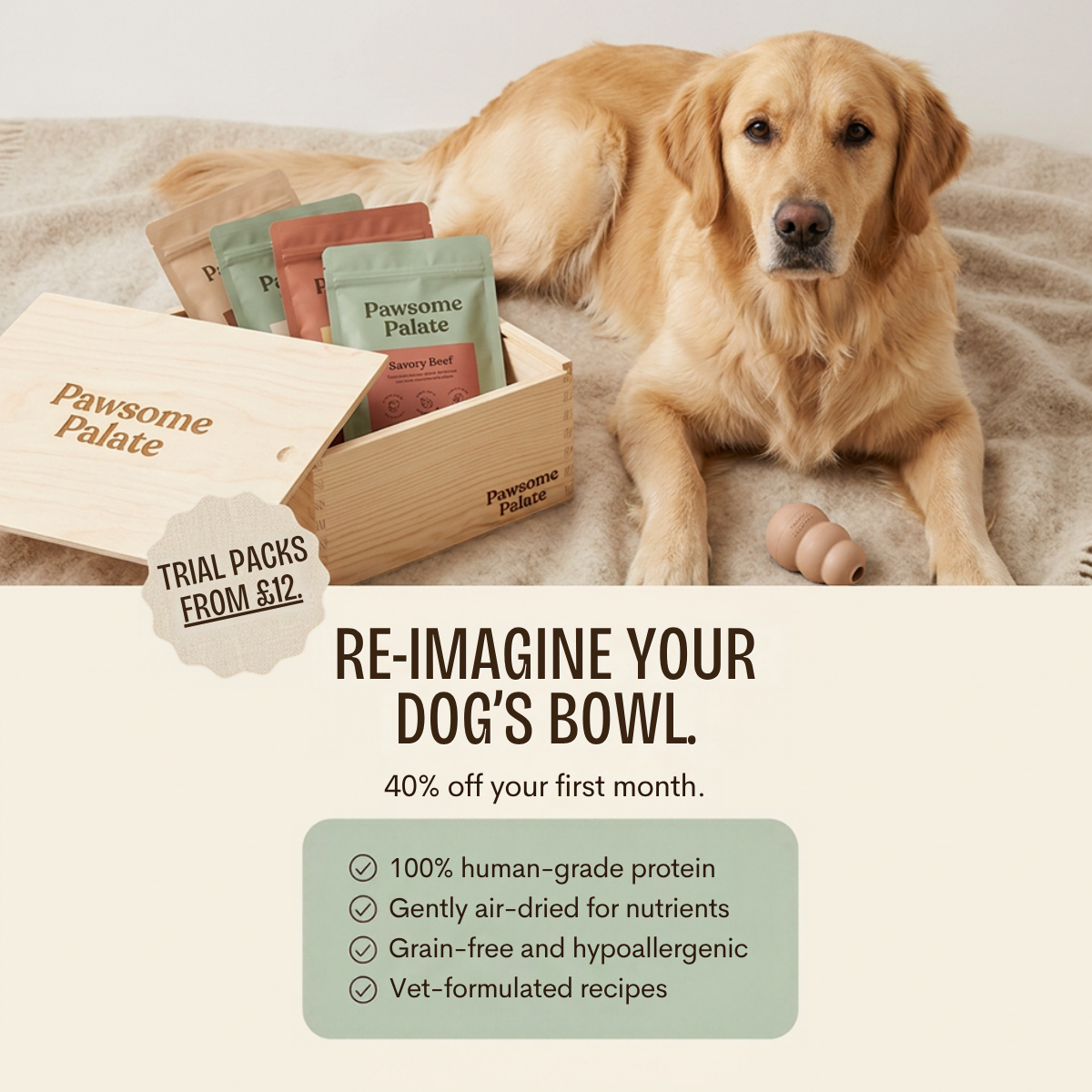 Golden retriever on a blanket beside a wooden crate of Pawsome Palate dog food pouches, with discount and benefit list