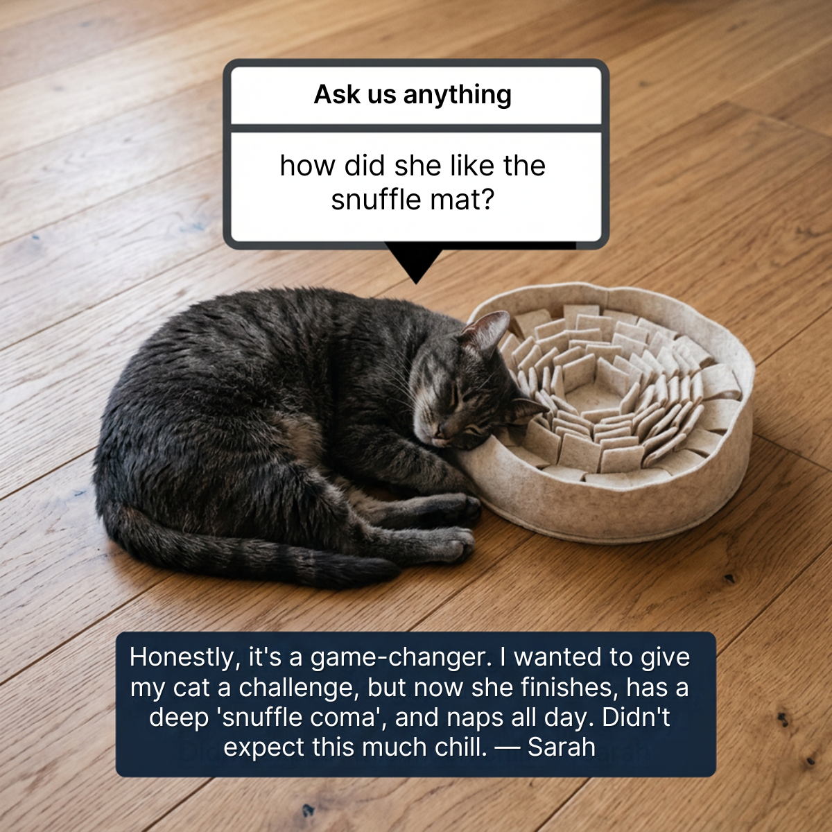 Tabby cat asleep against a round felt snuffle mat on a wooden floor with a question sticker and customer quote