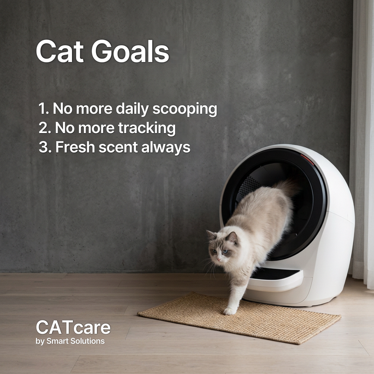 Ragdoll cat stepping out of a white CATcare self-cleaning litter box in a grey room, with three benefits listed