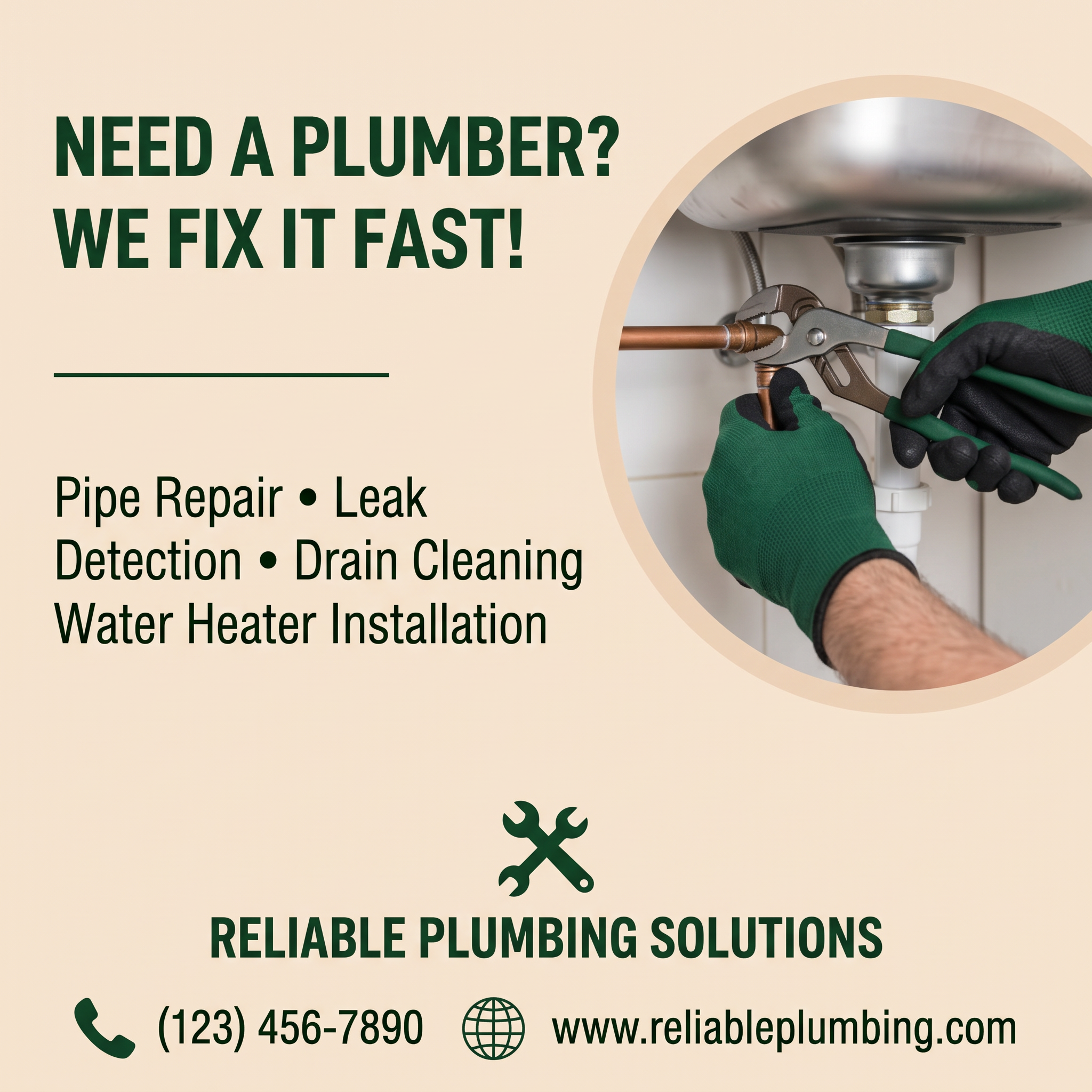 Gloved hands tightening a copper pipe under a sink with a wrench, next to a plumbing services list on a cream background