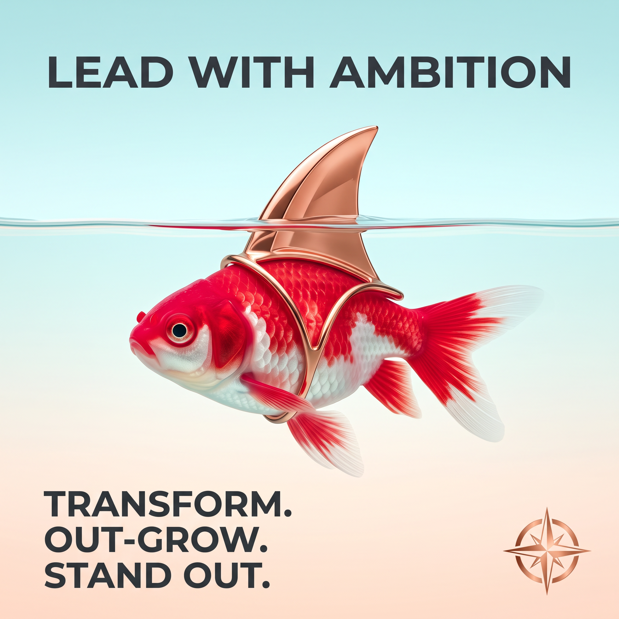 Red and white goldfish wearing a copper shark fin harness at the water surface, with the headline Lead With Ambition