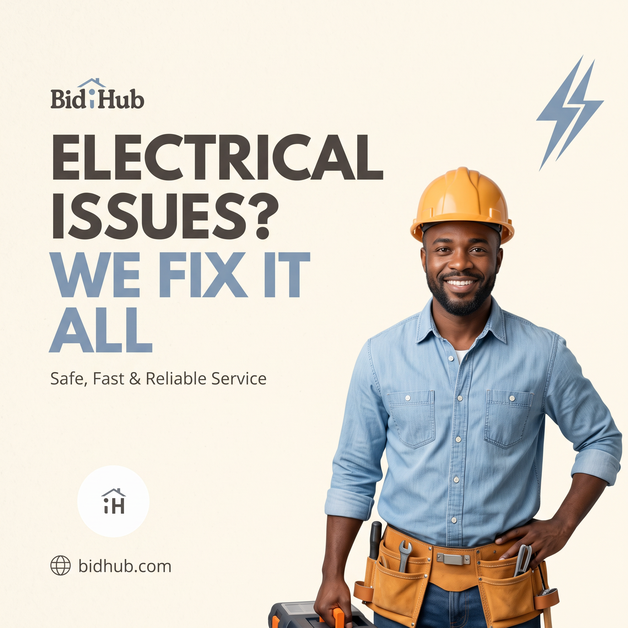 Smiling electrician in a yellow hard hat, denim shirt and tool belt next to the headline 'Electrical issues? We fix it all'