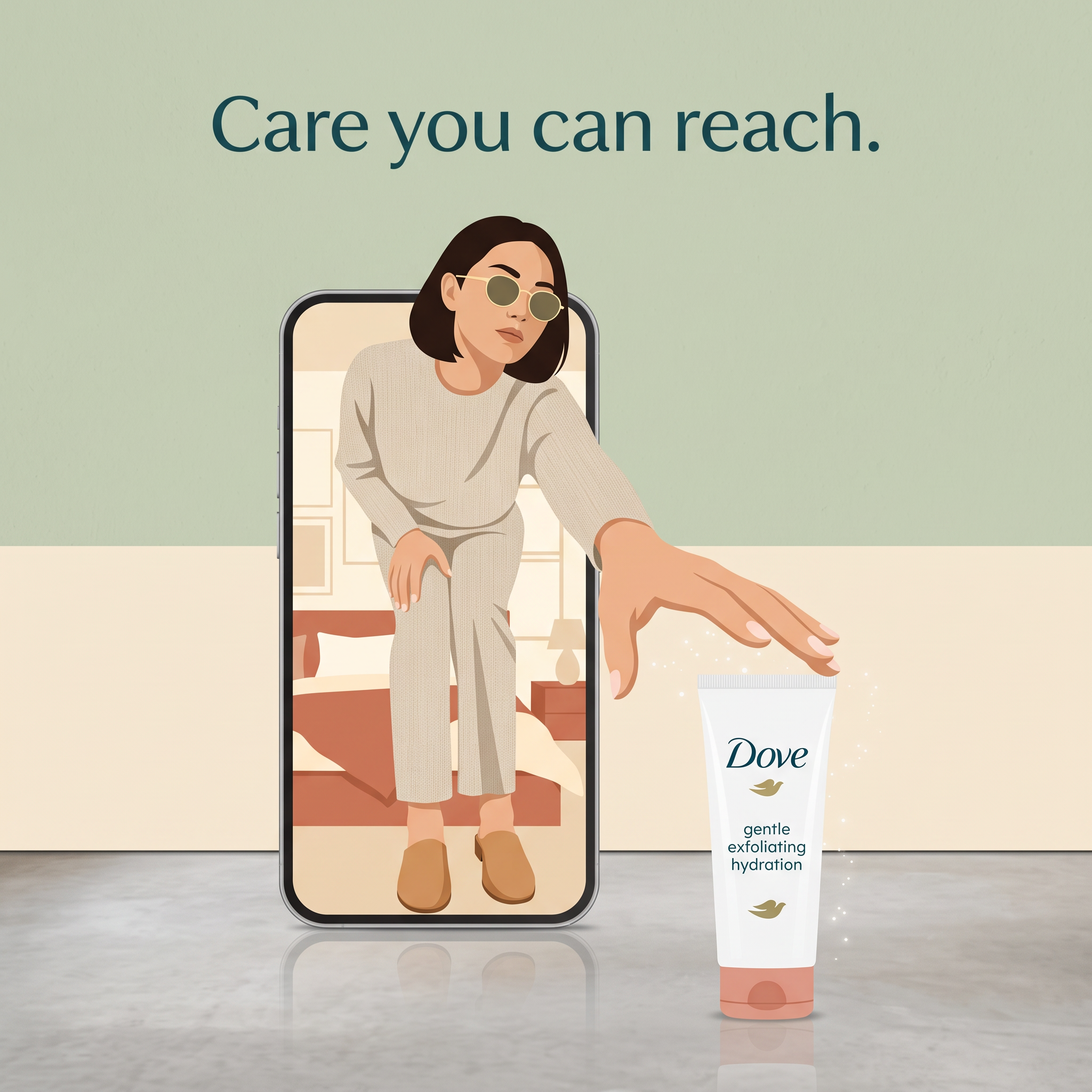 Illustrated woman leaning out of a smartphone screen to reach a Dove gentle exfoliating hydration tube on a grey floor