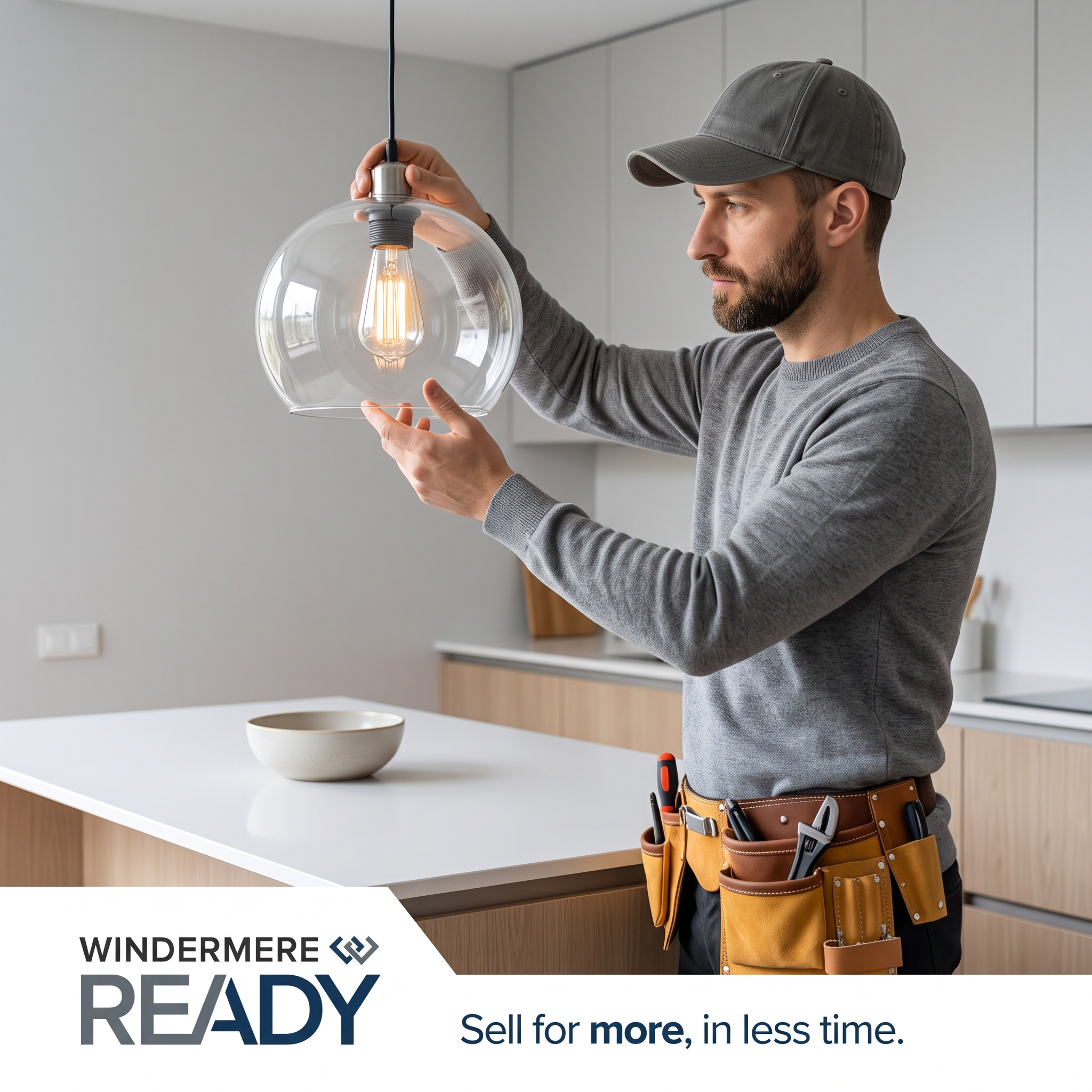 Tradesman with tool belt fitting a glass pendant light in a modern kitchen, with Windermere Ready logo and tagline