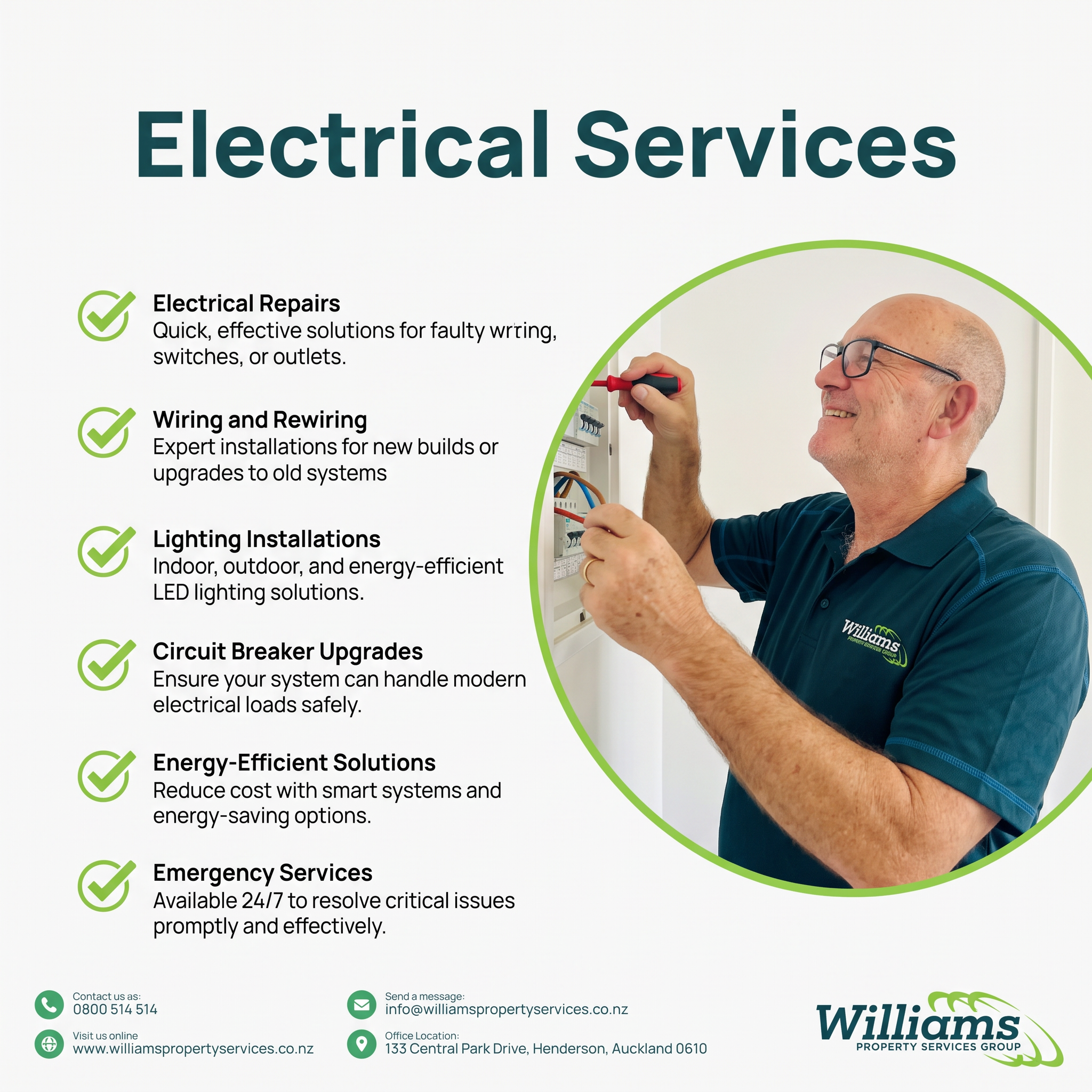 Electrician in a branded polo working on a switchboard beside a checklist of six electrical services and contact details