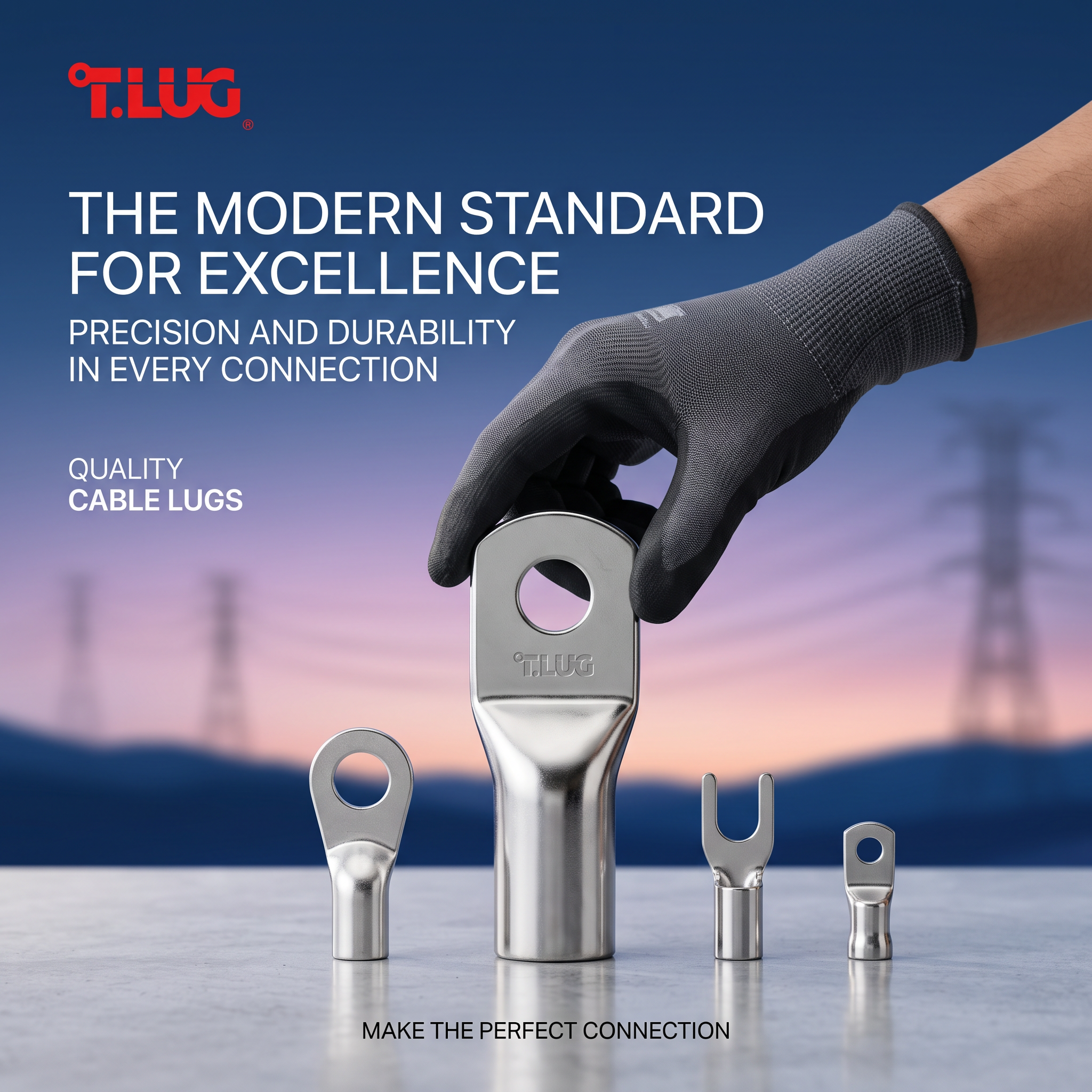 Gloved hand placing a large silver cable lug among smaller ring, fork and tubular lugs against a blue and pink sky