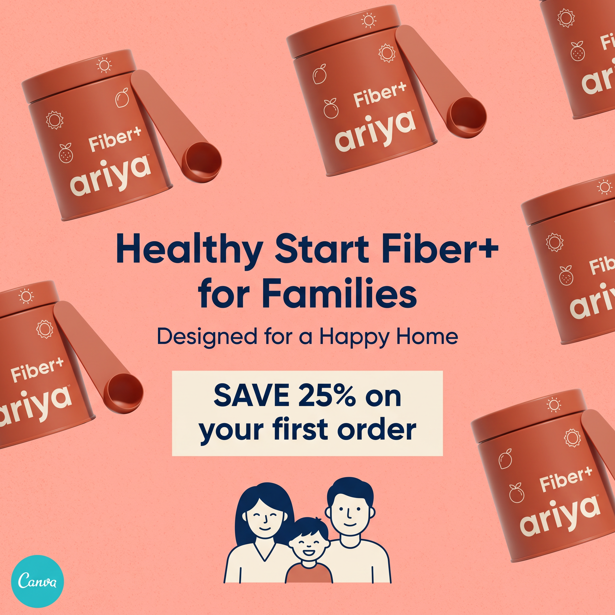 Terracotta Ariya Fiber+ tins with scoops floating on a coral background around a 25% off first order offer and family drawing
