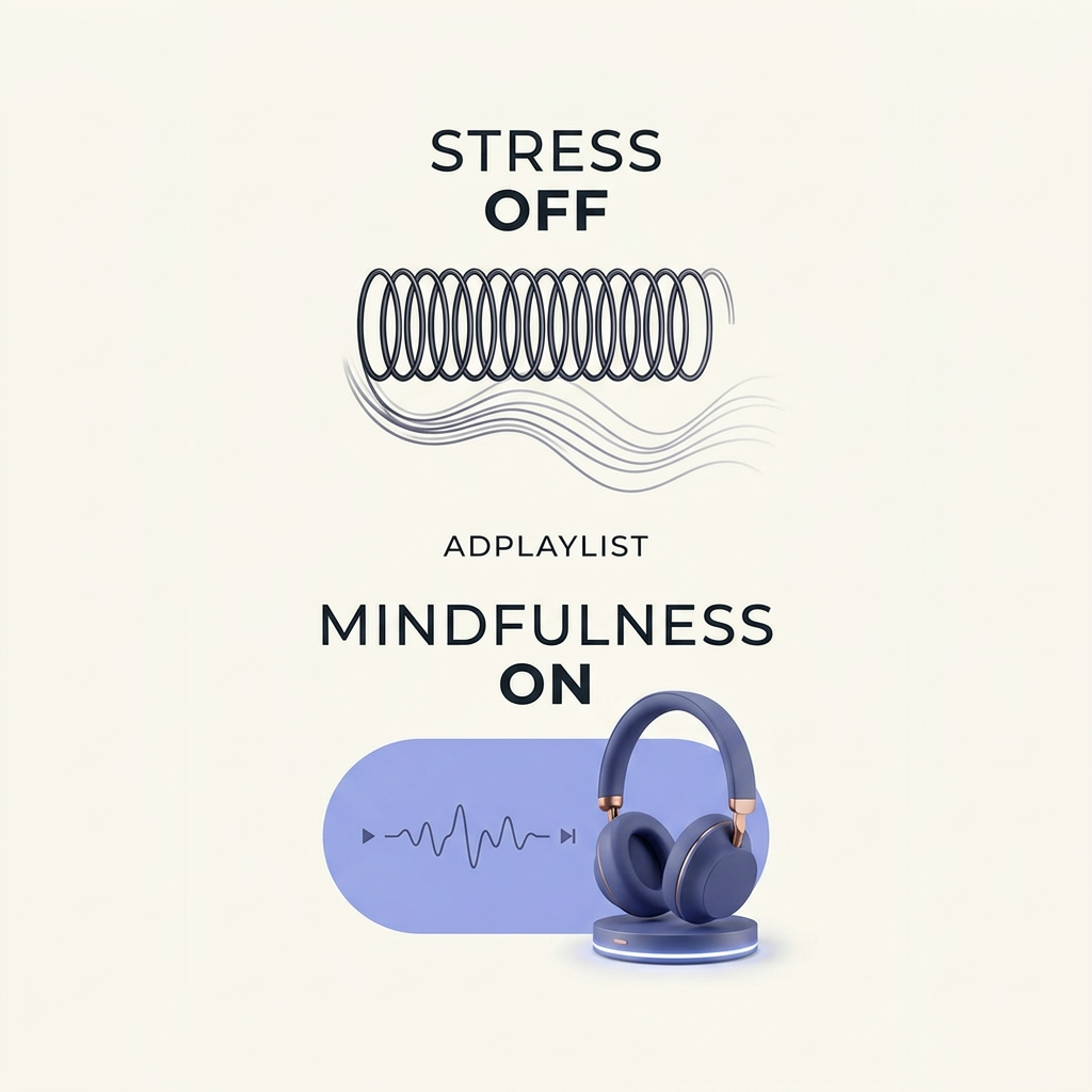 Periwinkle headphones on a stand beside a toggle-switch shape with a soundwave, under the words Stress Off Mindfulness On