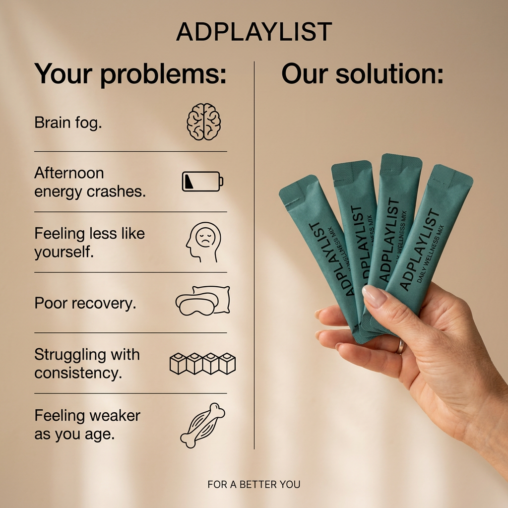 Two-column ad listing six health problems with icons and a hand holding four teal wellness mix sachets on the right