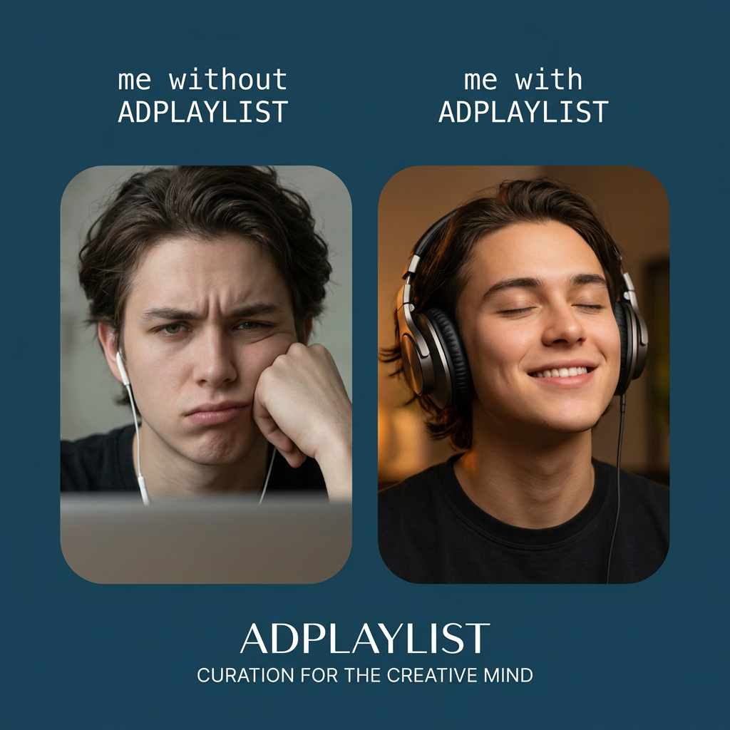 Side-by-side photos of a bored young man with earbuds and the same man smiling with eyes closed in big headphones