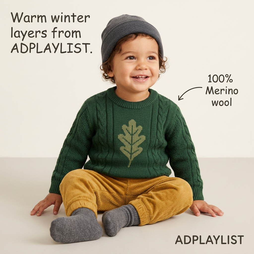 Smiling toddler in a green merino cable-knit jumper, mustard cords and grey beanie with a 100% merino wool callout