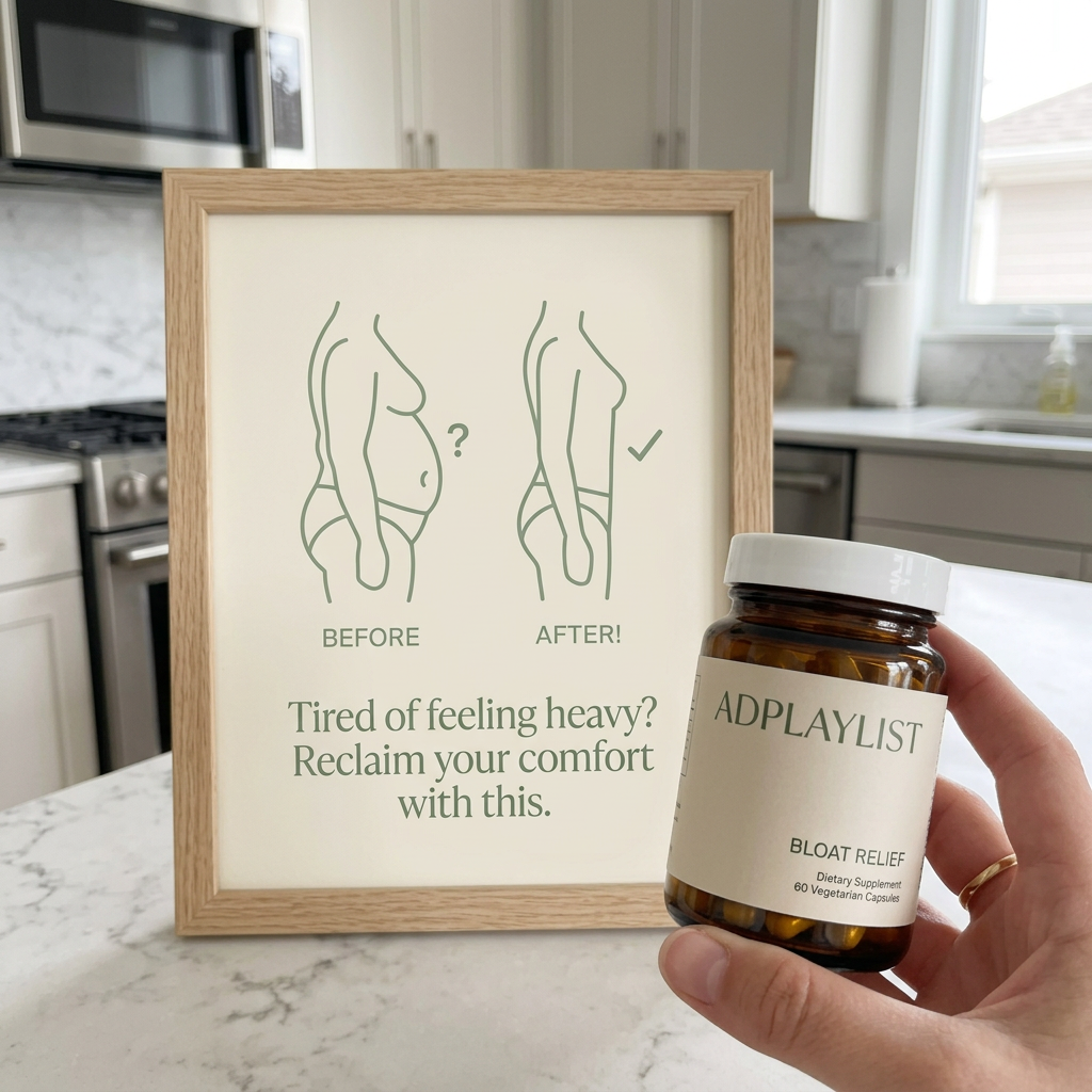 Hand holding an amber Bloat Relief supplement bottle in front of a framed before and after line drawing on a kitchen counter
