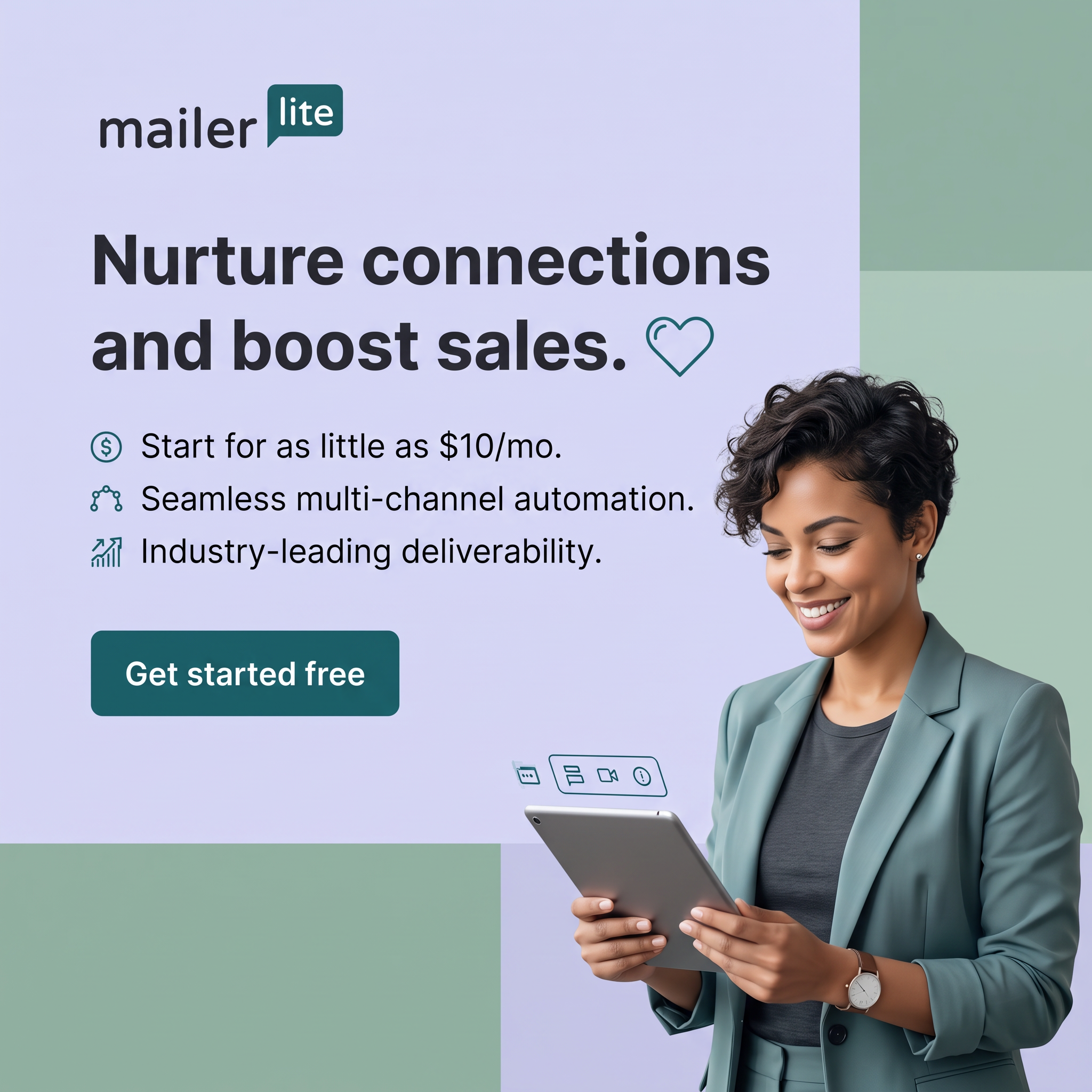 Smiling woman in a sage blazer holding a tablet beside MailerLite headline, feature bullets and Get started free button