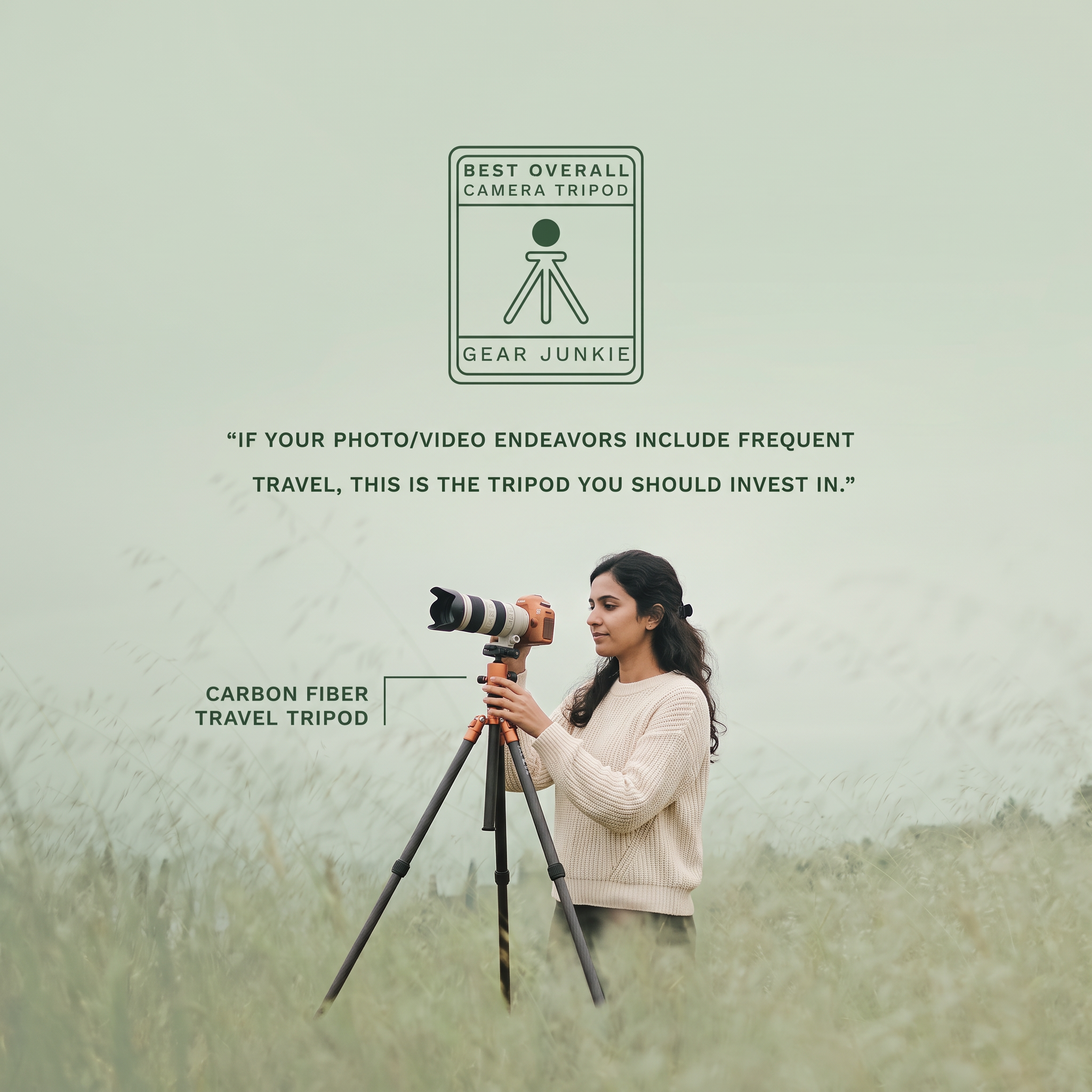 Woman with a camera on a carbon fiber travel tripod in a misty grass field under a GearJunkie Best Overall badge