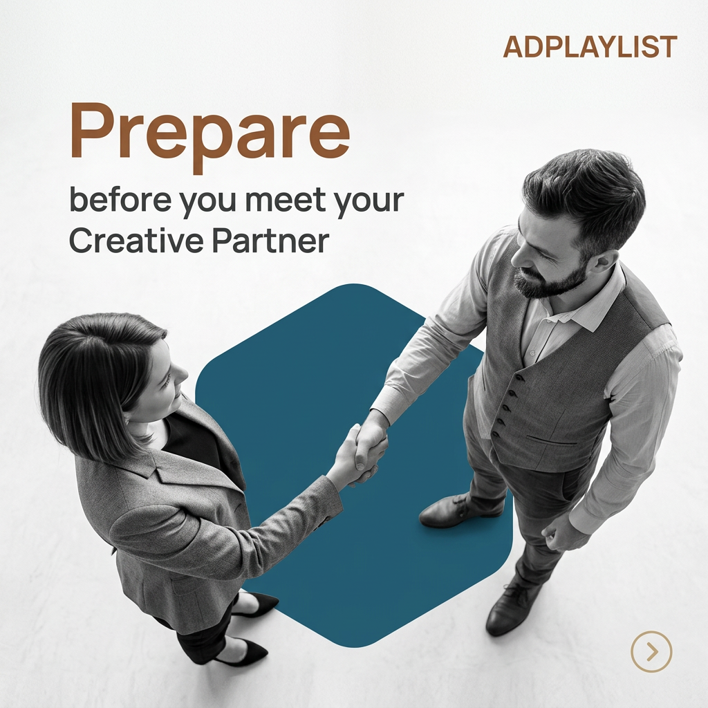 Black and white top-down photo of a woman and bearded man shaking hands over a teal rounded hexagon, headline Prepare