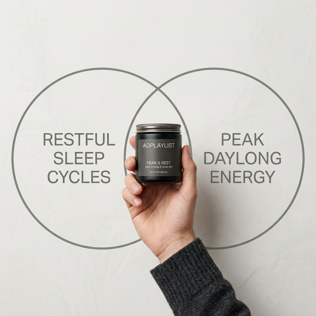 Hand in grey sweater holding a dark supplement jar inside the overlap of a Venn diagram labelled sleep and energy