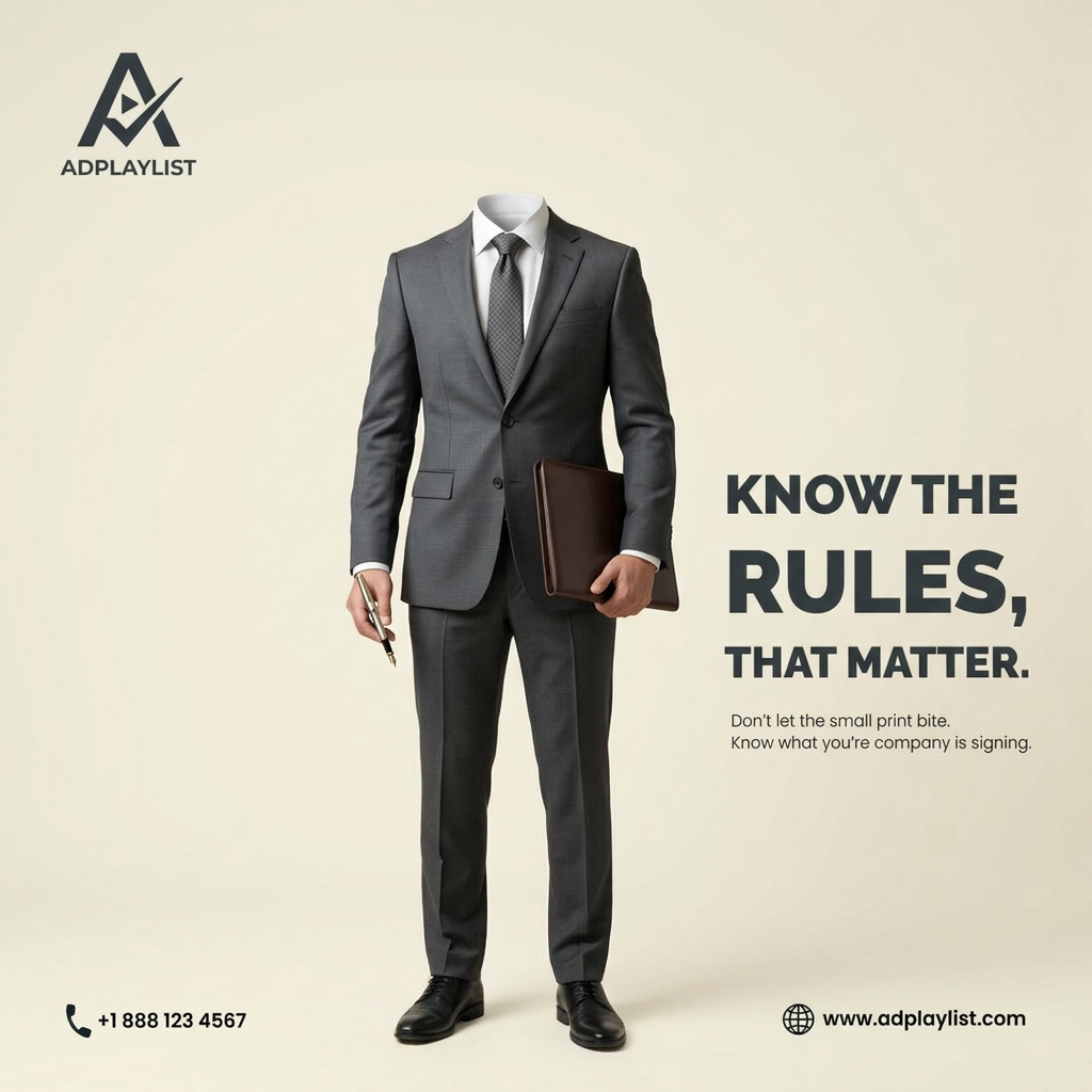 Headless grey business suit holding a pen and leather folder on cream background with text Know the Rules, That Matter