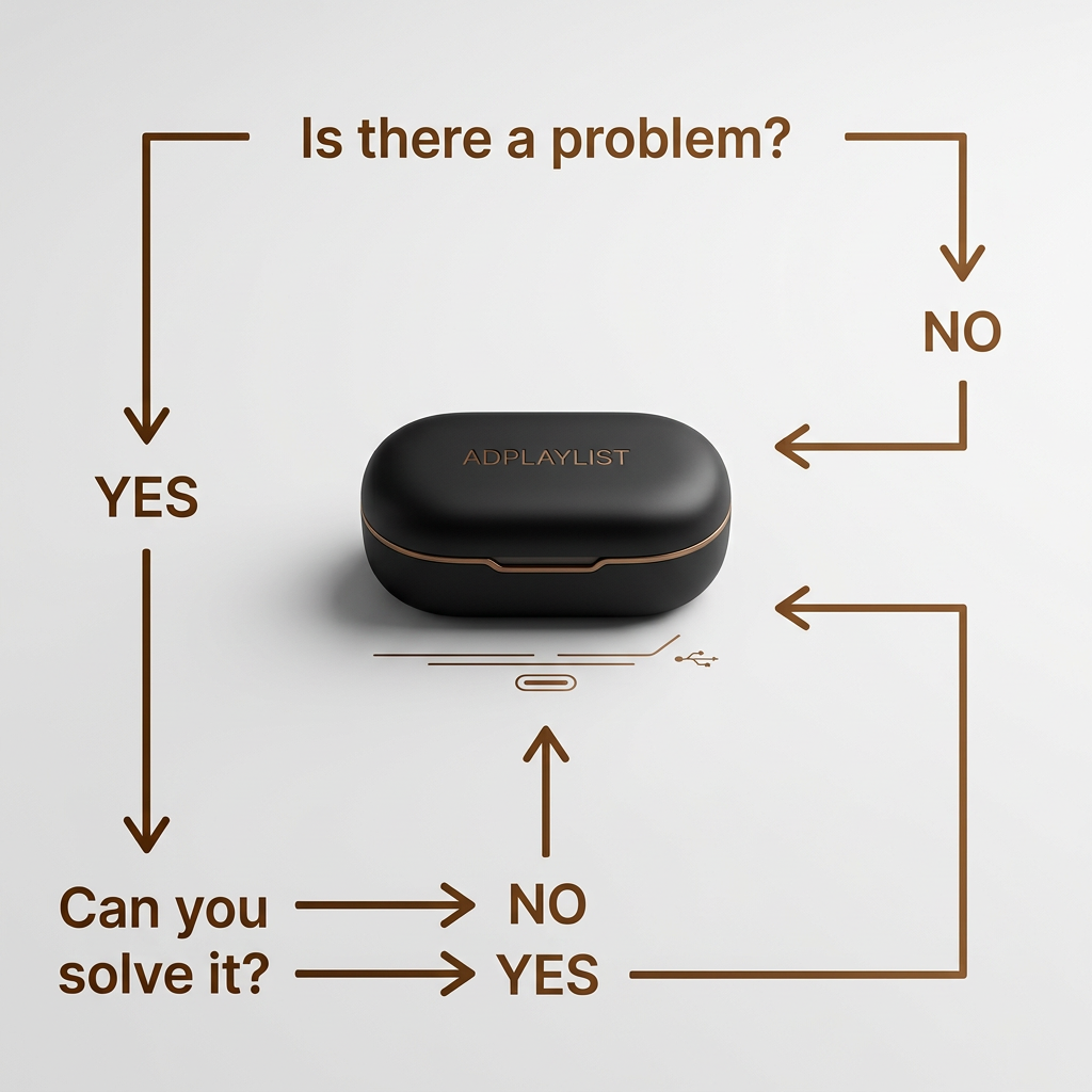 Flowchart with brown arrows and Yes/No answers that all point to a black wireless earbuds case on a light grey background