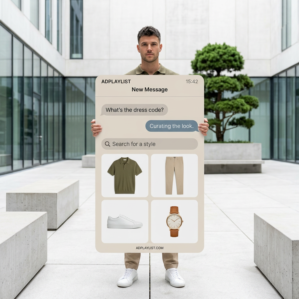 Man in modern courtyard holding a large phone chat card showing an olive polo, beige chinos, white sneakers and tan watch