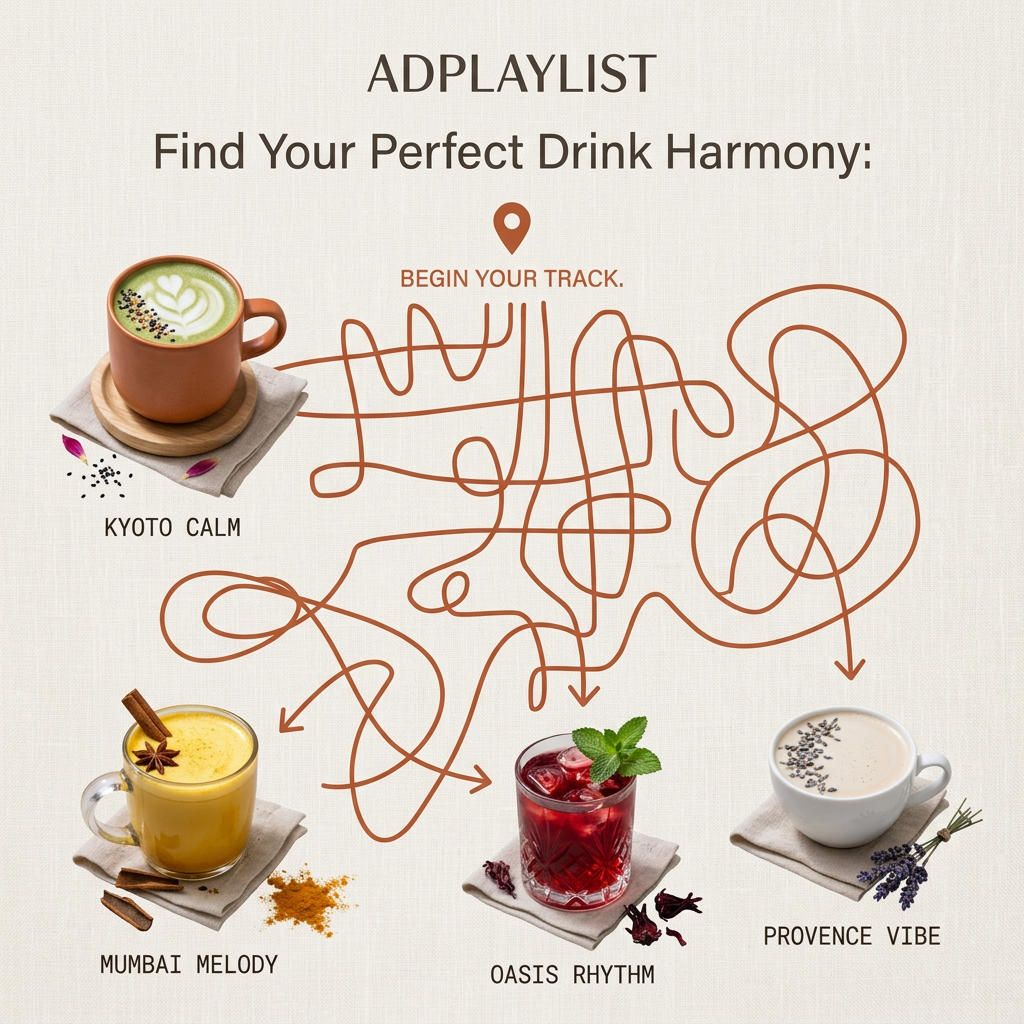 Maze of terracotta lines connecting matcha latte, turmeric latte, hibiscus iced tea and lavender latte on cream background