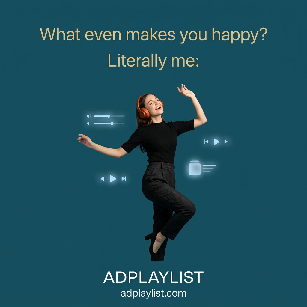 Woman in black outfit dancing with orange headphones on teal background, floating music player icons and meme-style text