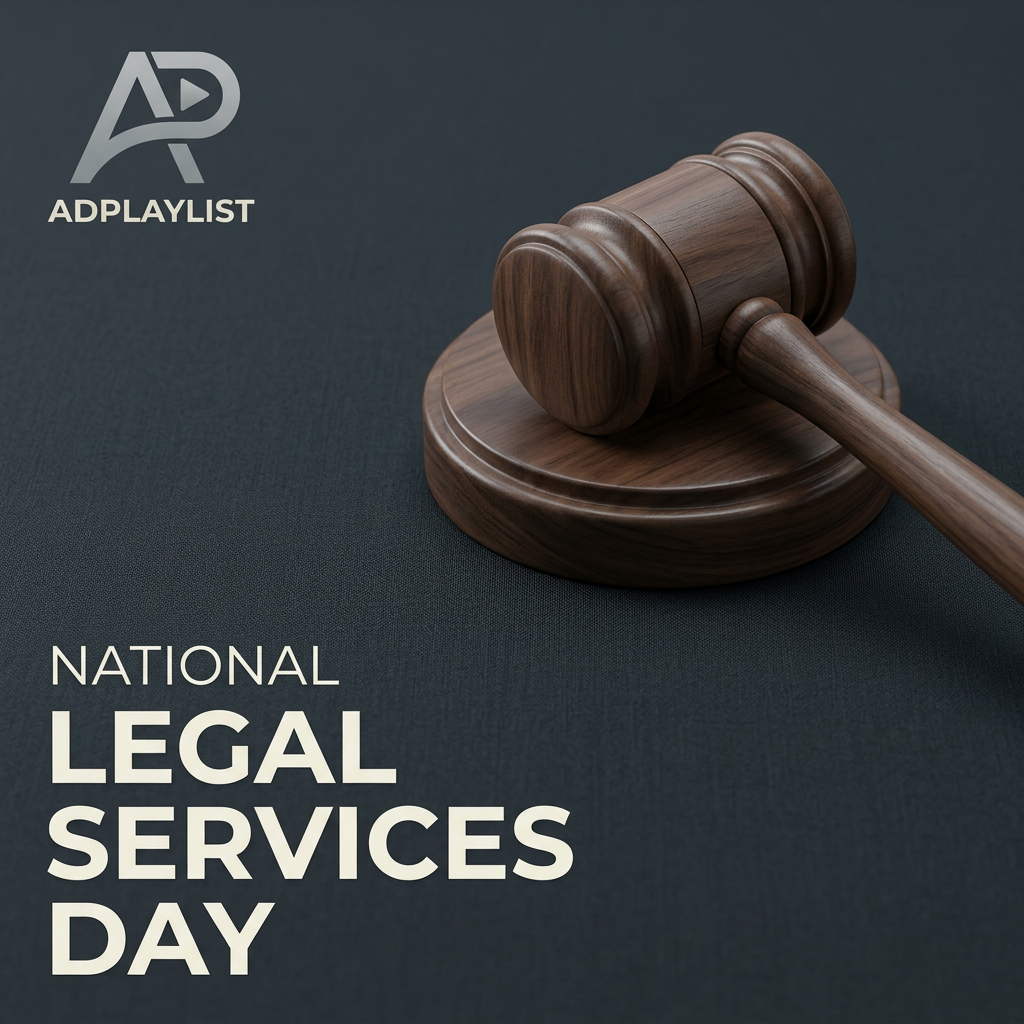 Wooden gavel on dark charcoal fabric with bold white text reading National Legal Services Day and a logo top left
