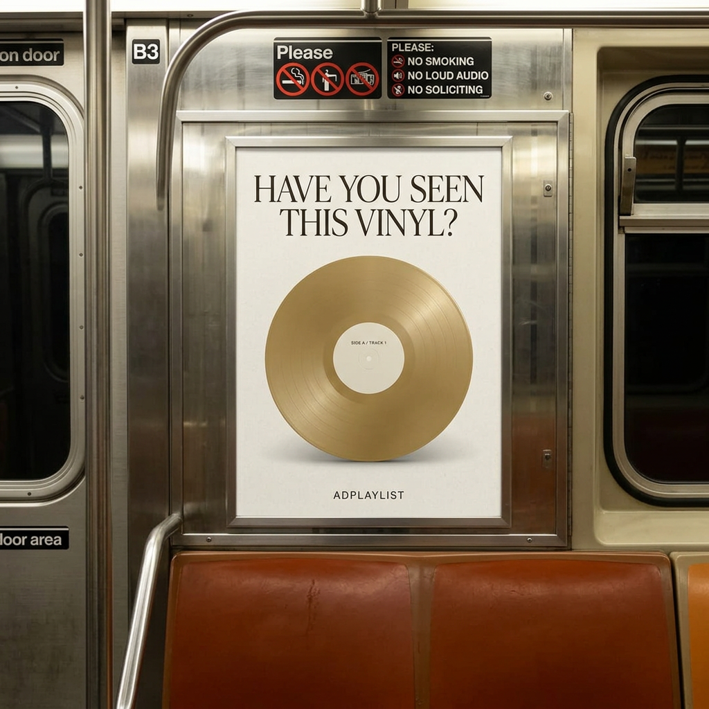 Subway car interior with a framed white poster showing a gold vinyl record and the headline Have You Seen This Vinyl?