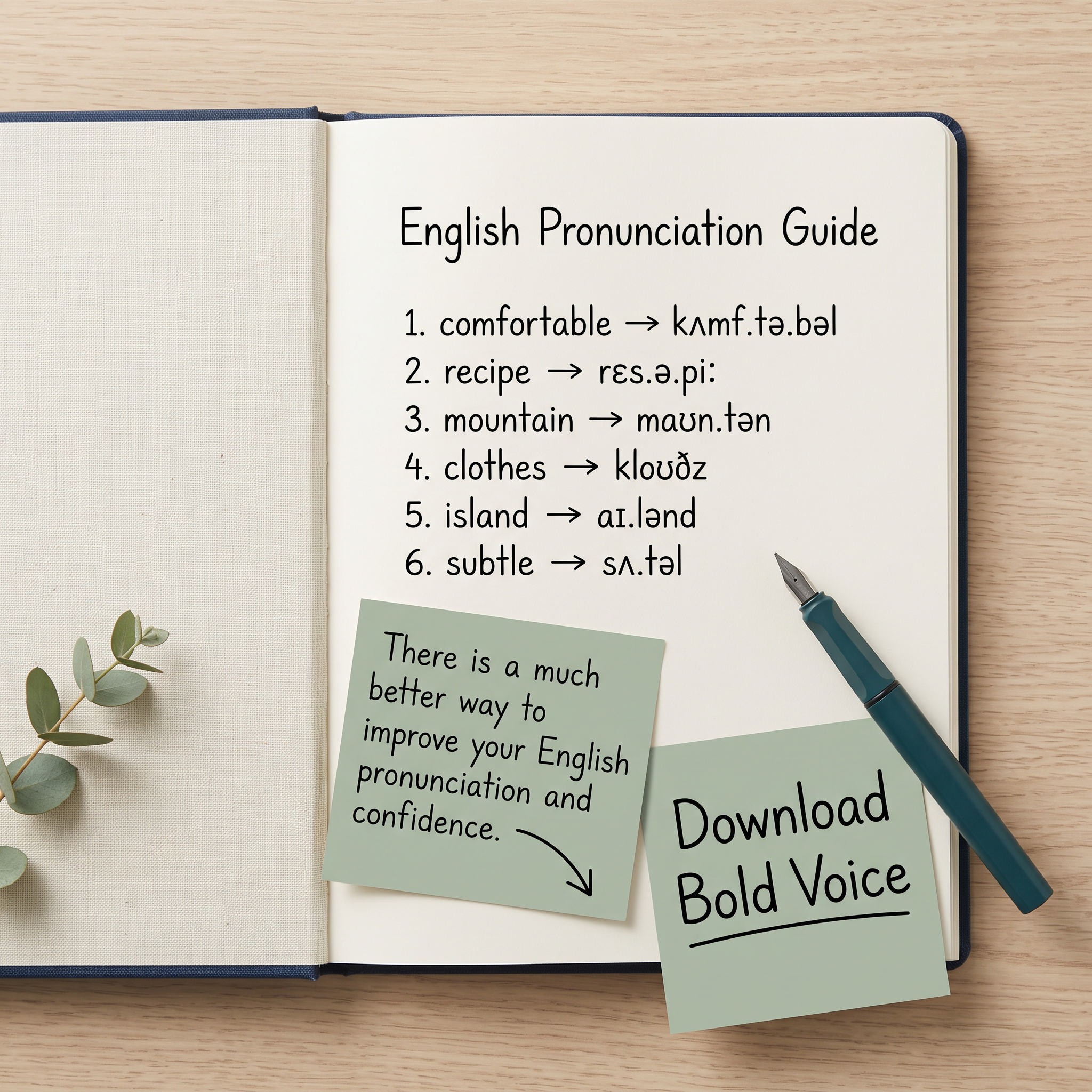 Open notebook with a handwritten English pronunciation guide of six words, sage sticky notes and a fountain pen on wood