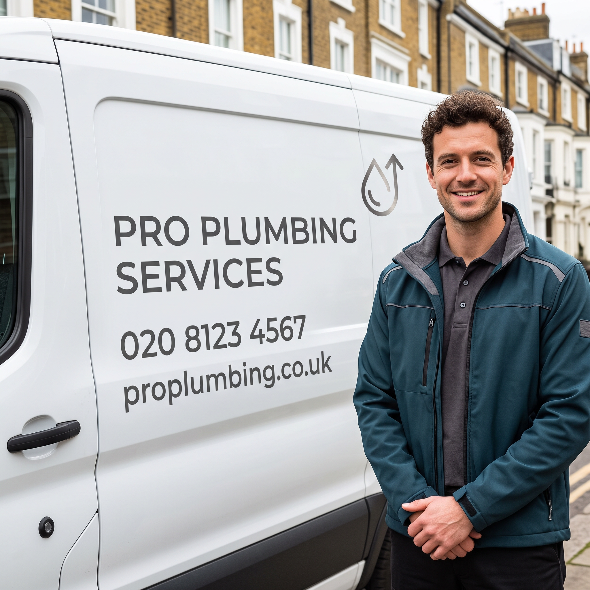 Smiling plumber in a teal work jacket beside a white van with Pro Plumbing Services, phone number and website