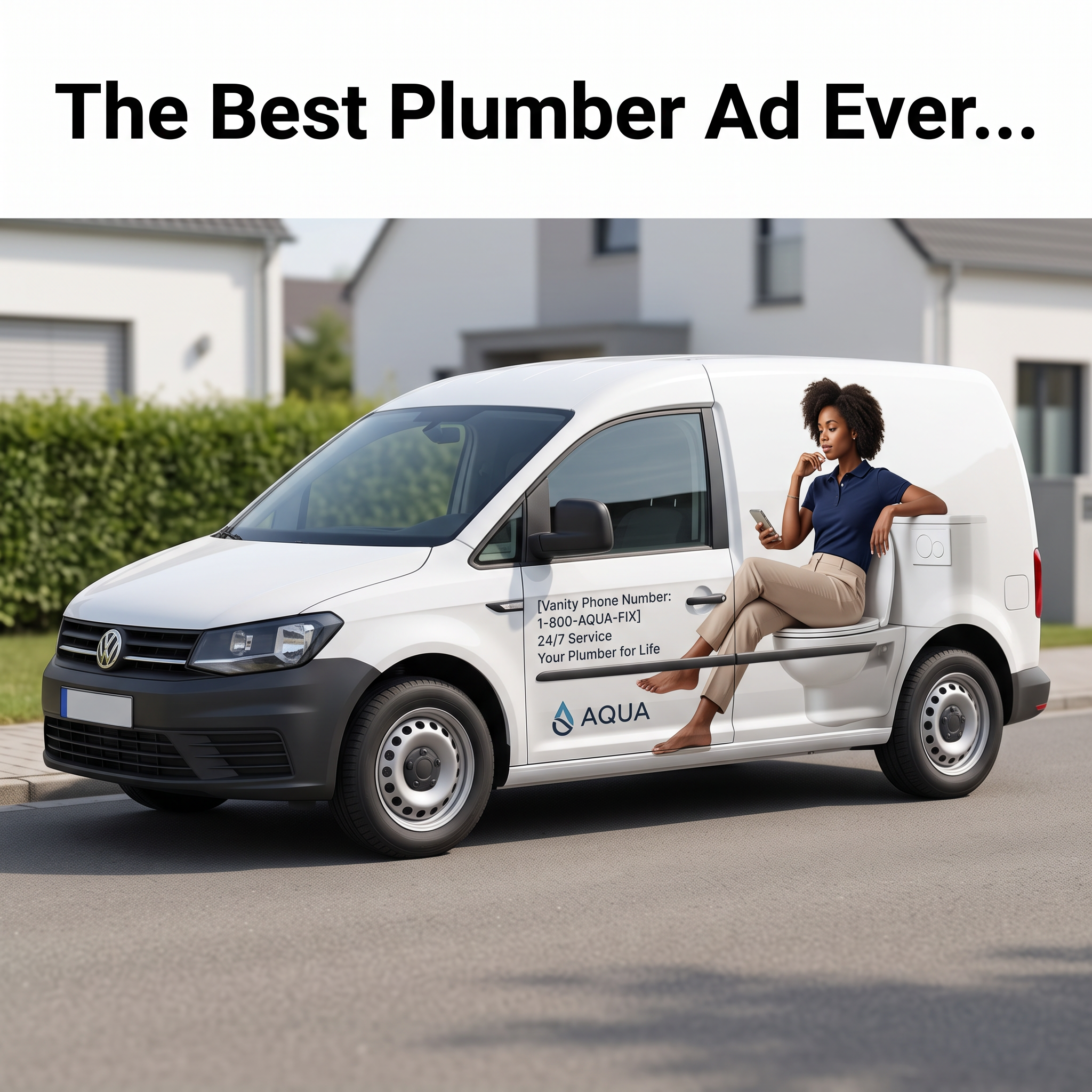 White compact van wrapped with an illusion of a woman on a toilet using her phone, under the headline best plumber ad ever