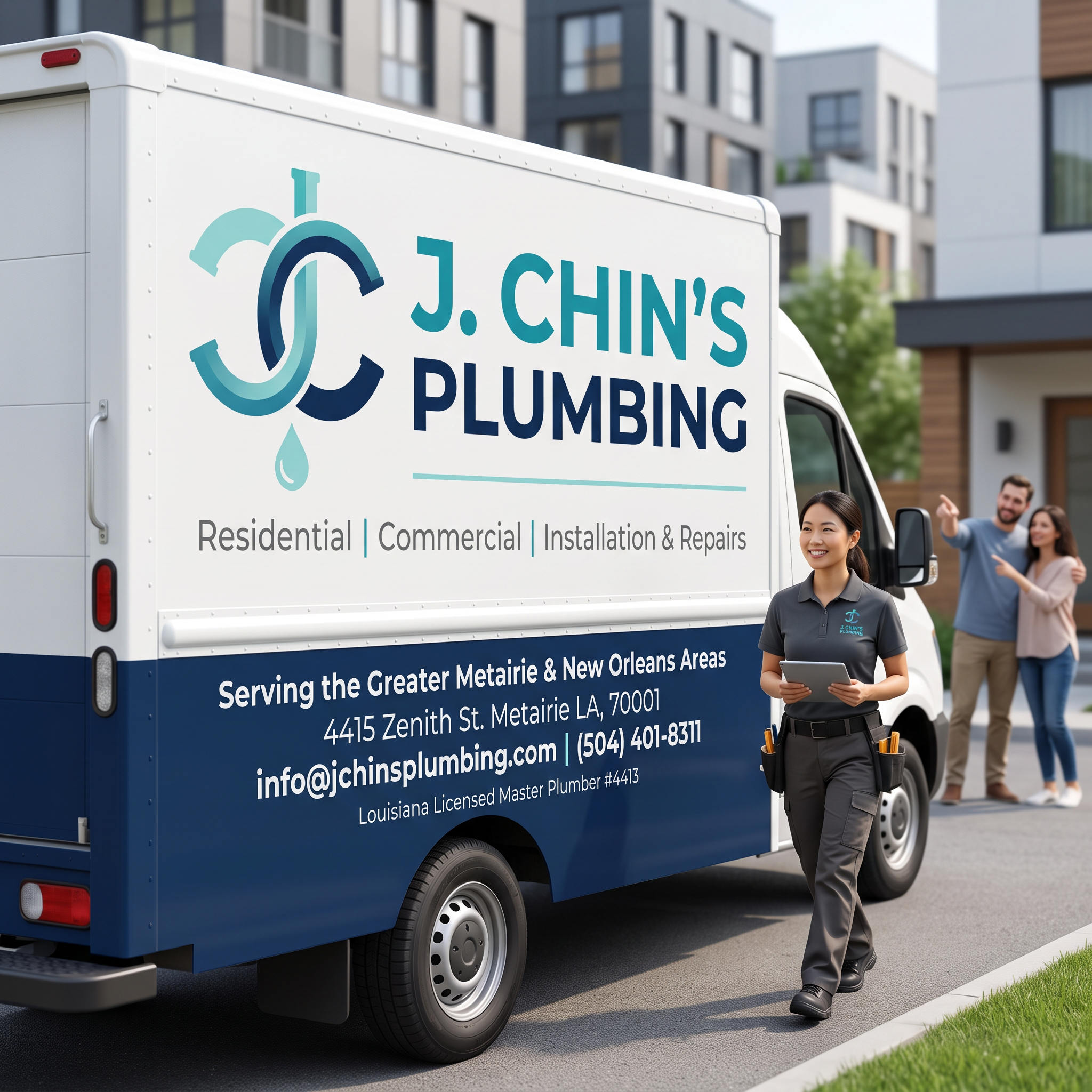 Branded J. Chin's Plumbing box truck with services and licence, female technician with tablet and smiling couple