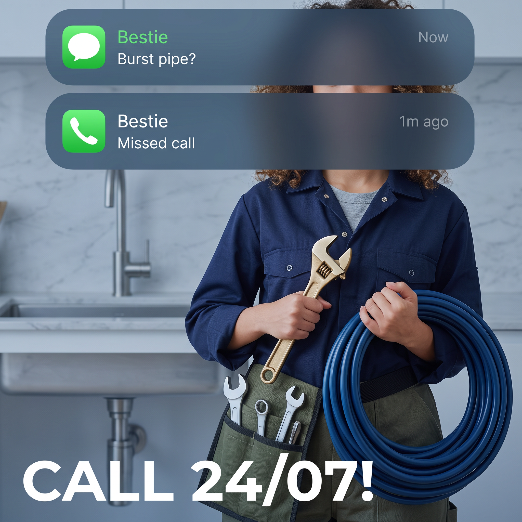 Plumber in navy workwear with wrench and blue hose, under iPhone-style notifications from Bestie asking burst pipe
