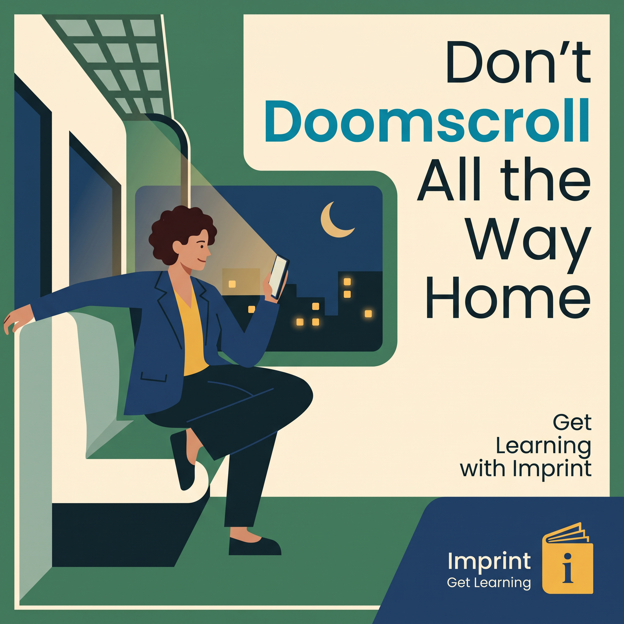 Flat illustration of a woman on a night train reading her phone, with text don't doomscroll all the way home