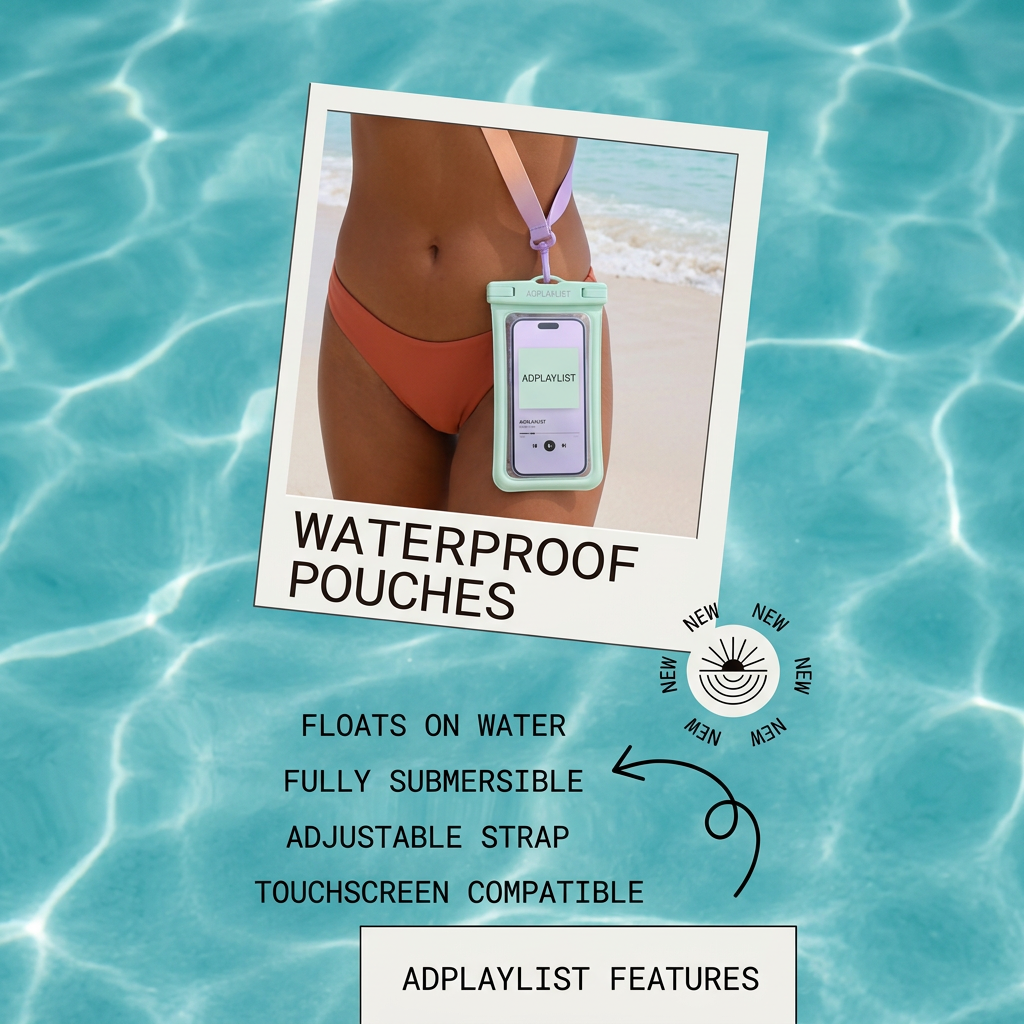 Polaroid photo of a mint waterproof phone pouch on a lanyard at the beach, over pool water with four feature lines