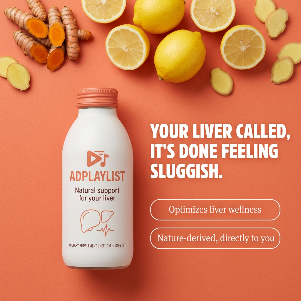 White liver support bottle on coral background with turmeric, lemon halves and ginger slices and a bold headline