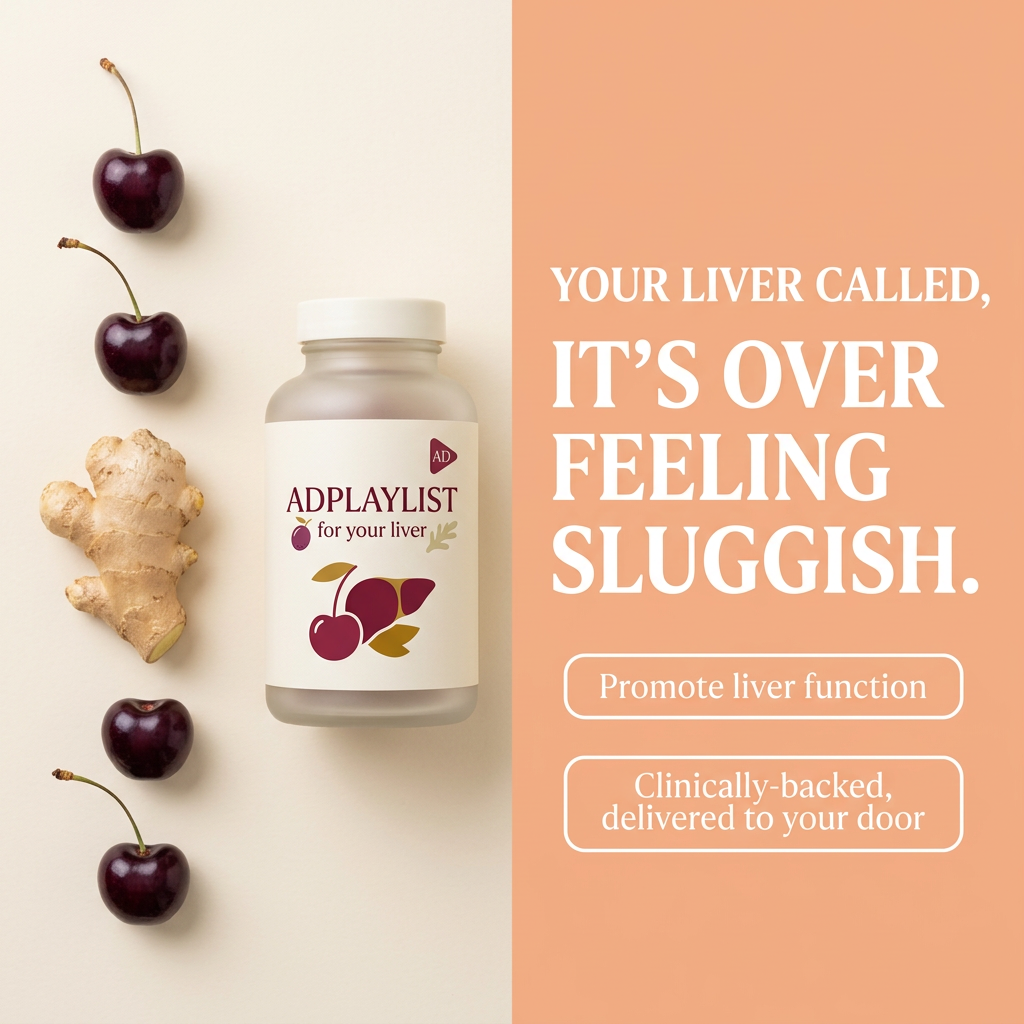 Supplement bottle for liver support next to dark cherries and ginger root on cream, with headline on peach panel