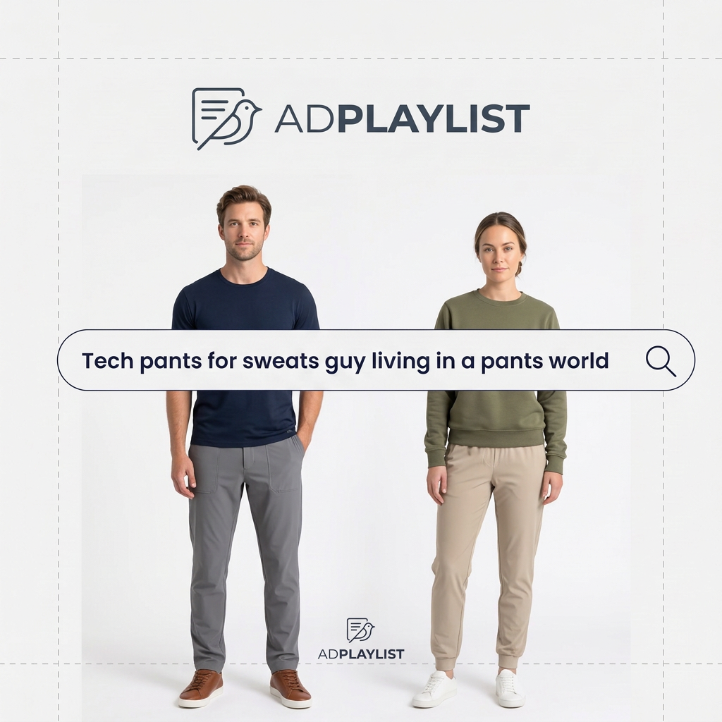 Man in grey tech pants and woman in beige joggers standing behind a search bar reading tech pants for sweats guy