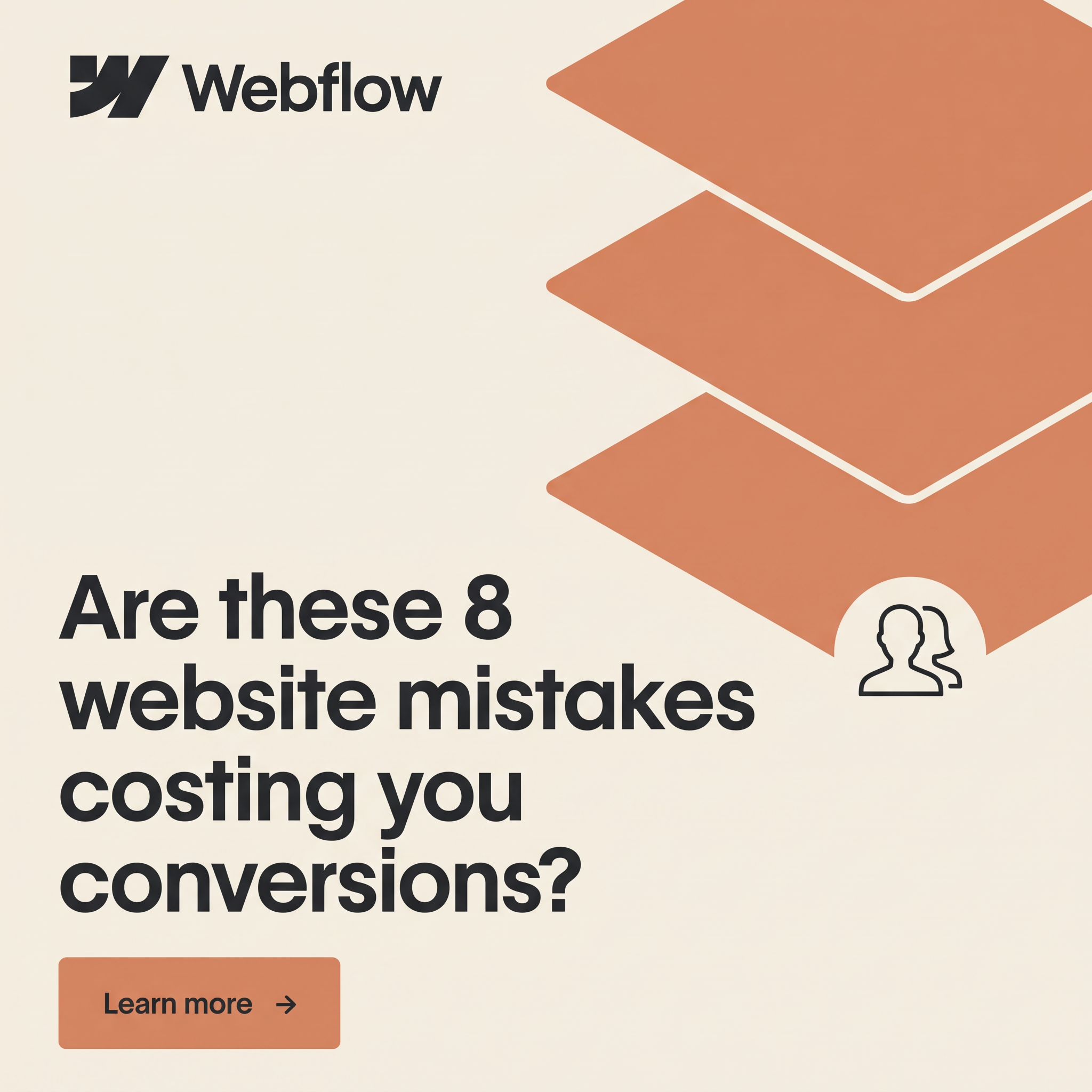 Cream background with three terracotta stacked layers, a users icon and bold text on 8 website mistakes costing conversions