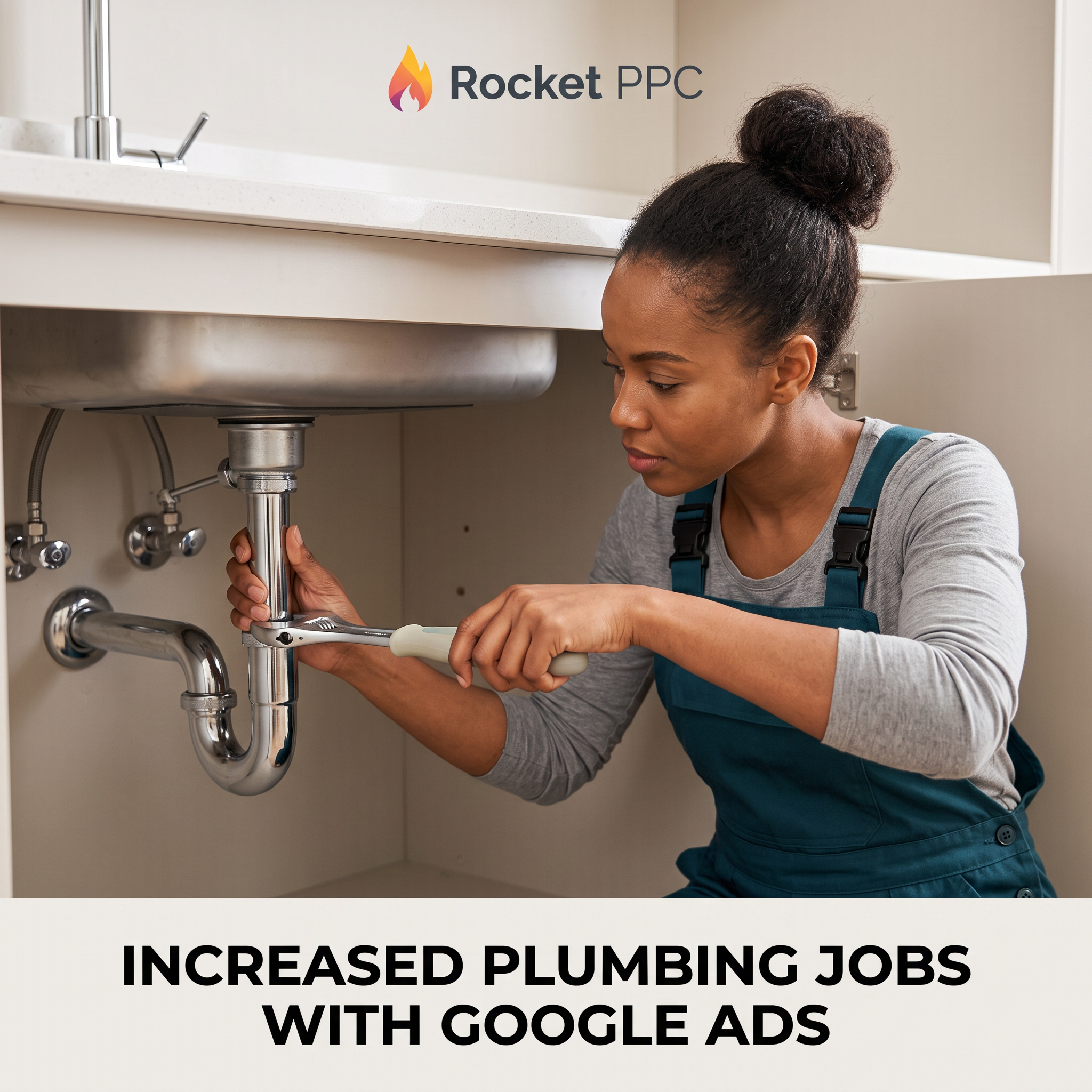 Female plumber in teal overalls tightening a chrome sink trap, with Rocket PPC logo and increased plumbing jobs caption