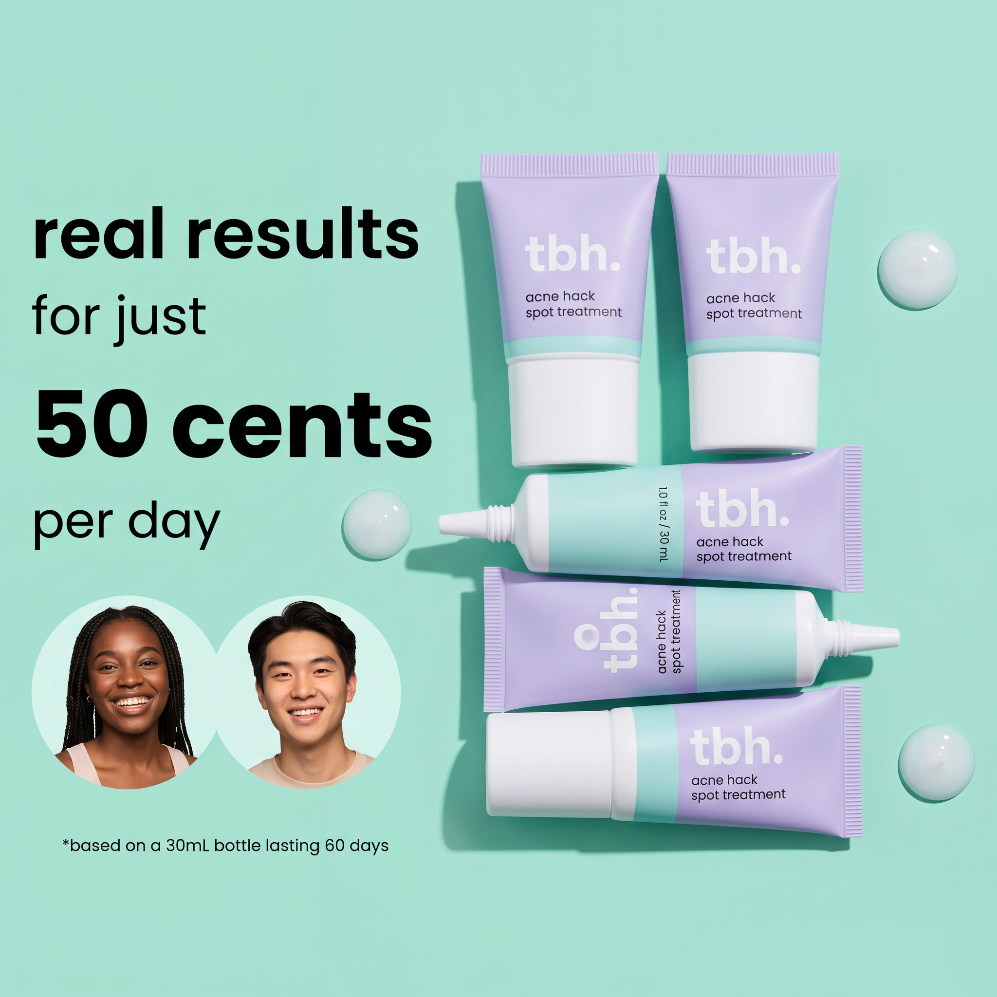 Lilac tbh acne treatment tubes and gel swatches on sage green with a red-haired woman with clear skin and text $15 per month