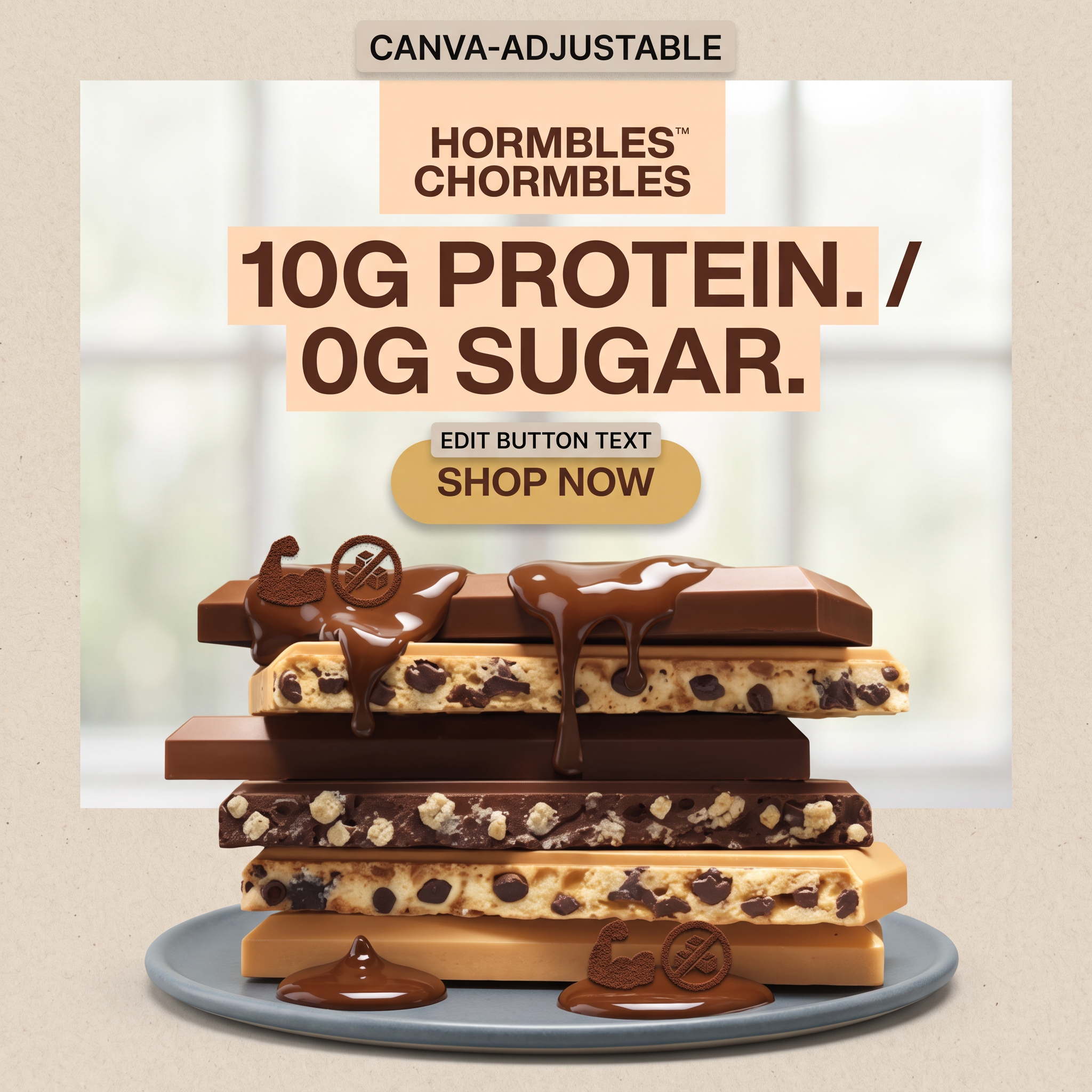 Hand holding a half-unwrapped chocolate protein bar in green wrapper on navy background below a 10g protein 0g sugar headline