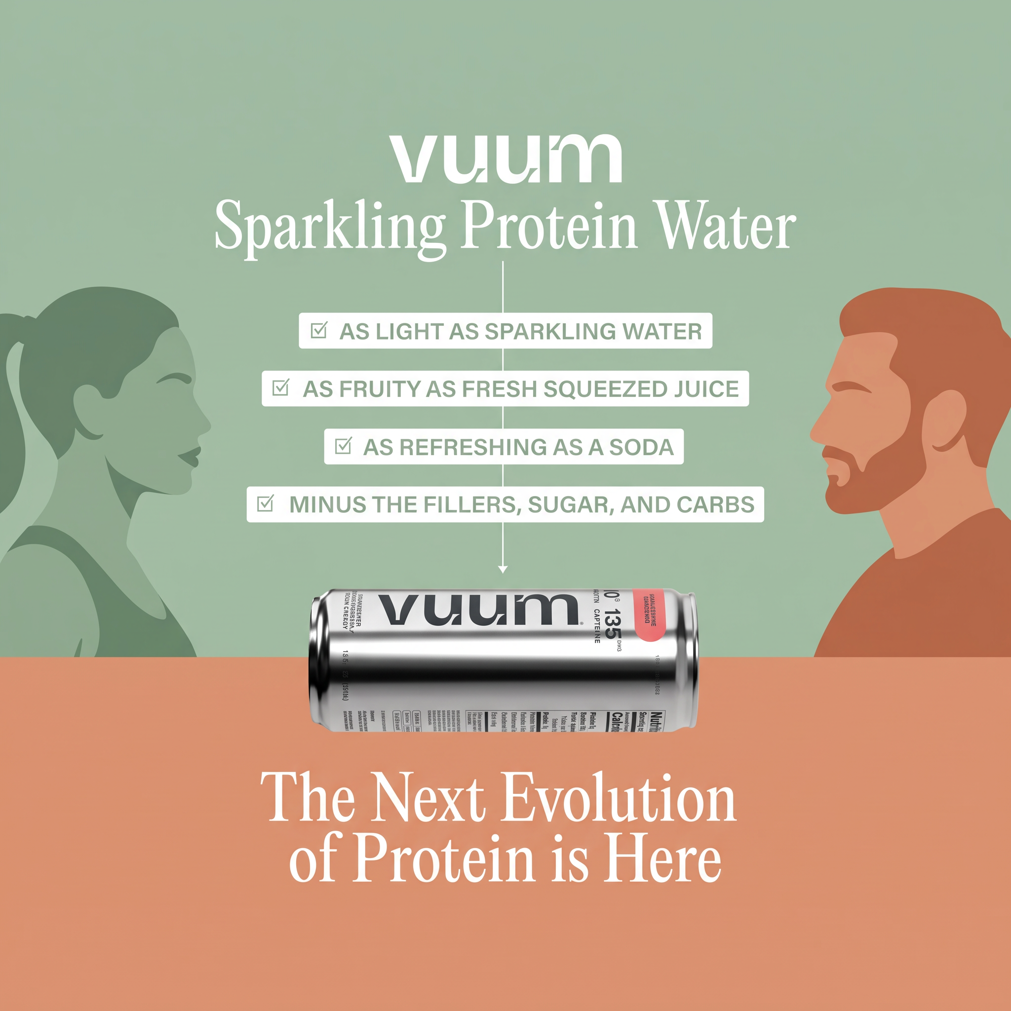 Illustrated woman and man facing a checklist for Vuum sparkling protein water, with a silver can below.