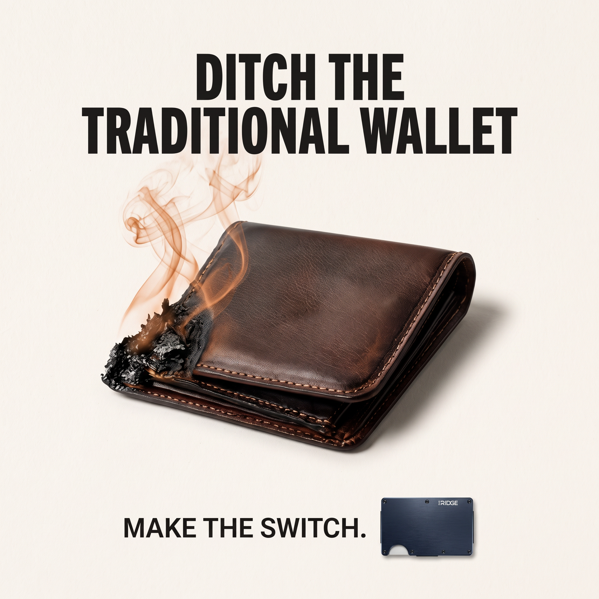 Smouldering brown leather bi-fold under Ditch the traditional wallet, with a slim navy Ridge wallet below.