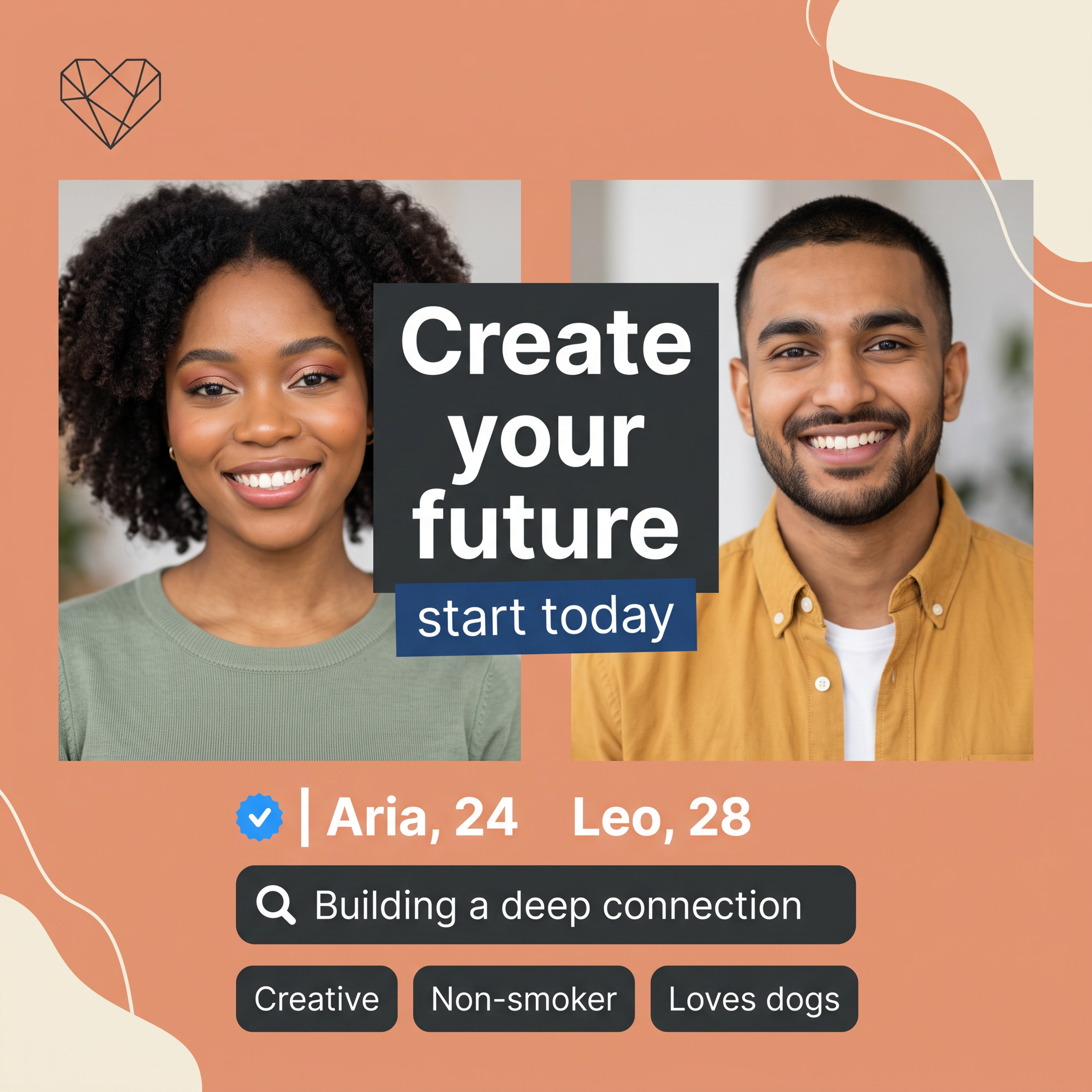 Two smiling portraits on coral with Create your future headline, verified badge and interest tags.