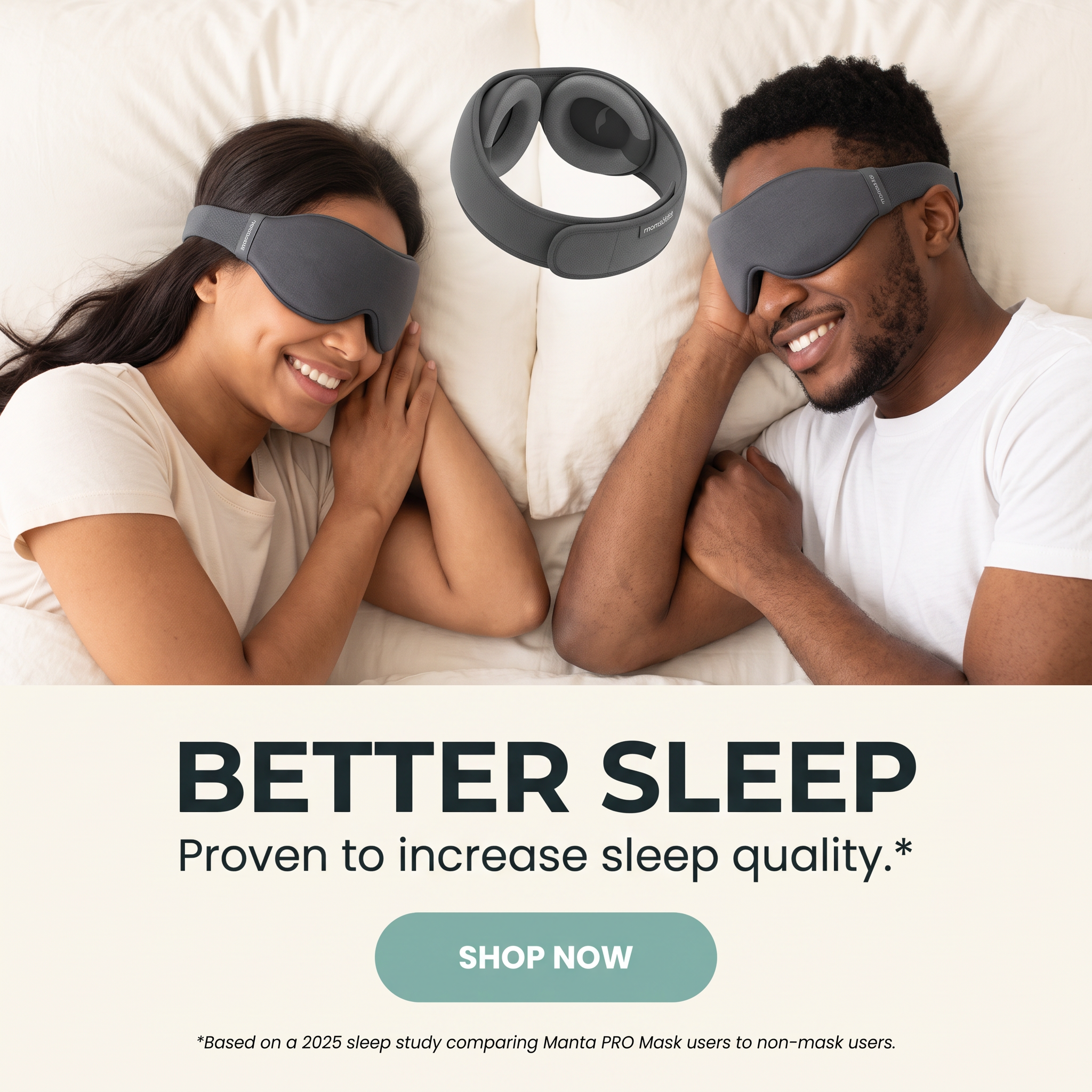 Smiling couple in bed wearing grey sleep masks, with Better Sleep headline and Shop Now button.