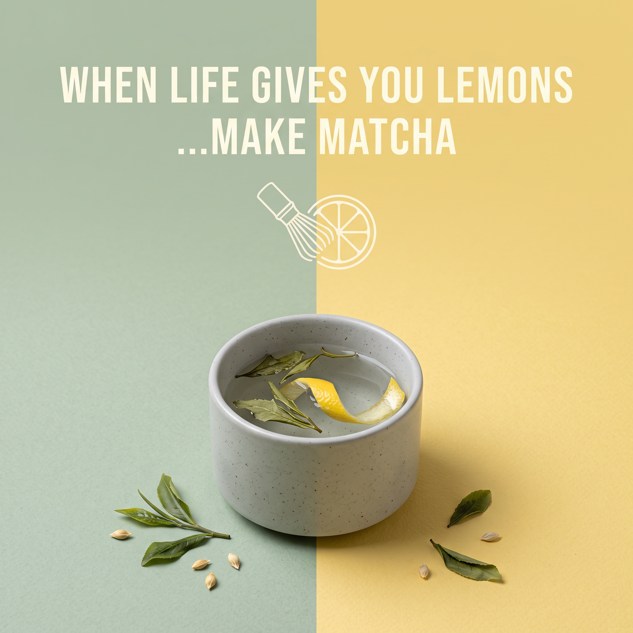 Speckled ceramic bowl with tea leaves and lemon peel on a split sage-green and yellow background under bold cream text.