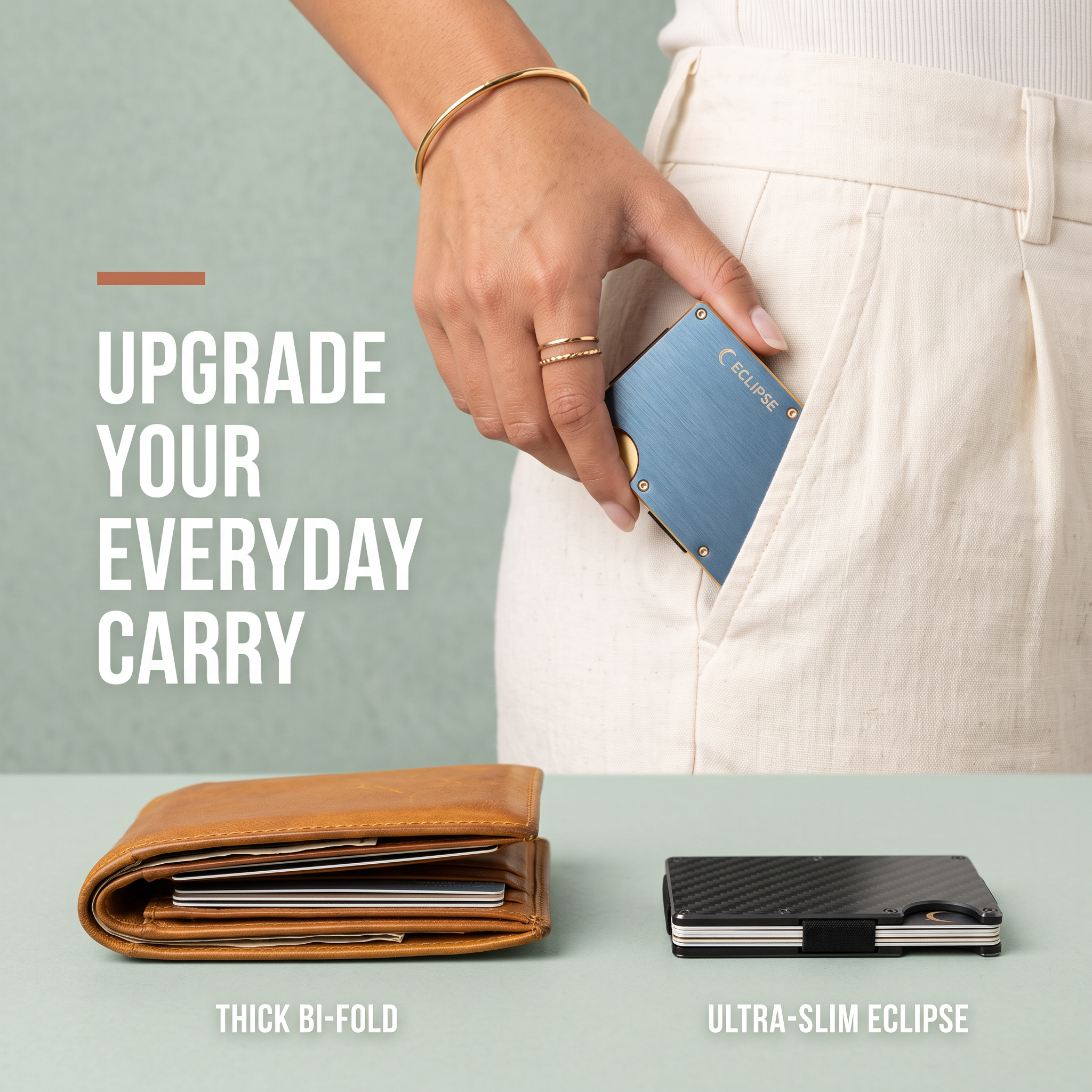 Hand slipping a blue metal Eclipse wallet into a linen pocket above a bulky leather bi-fold beside a slim carbon wallet.